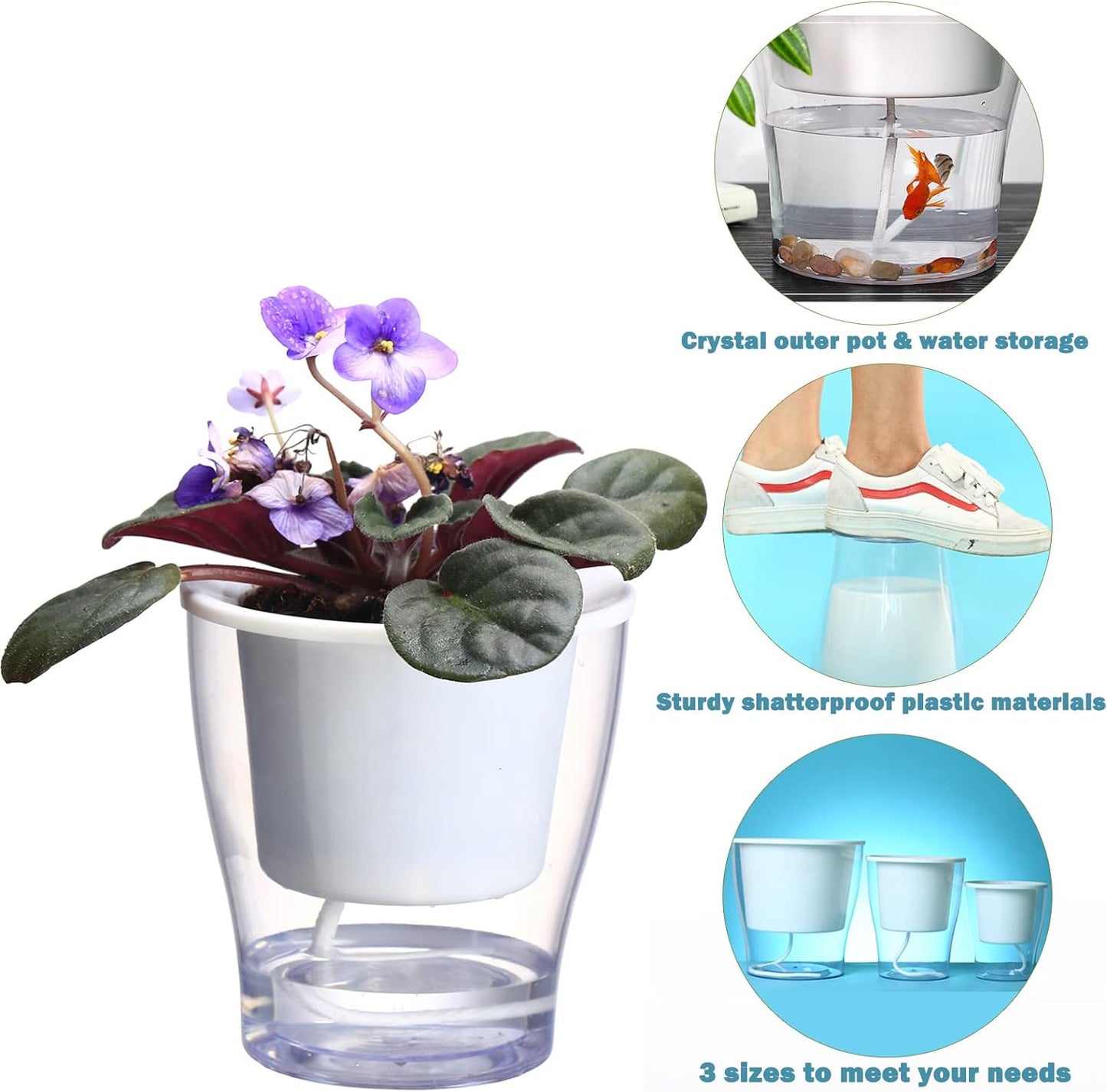 3-Pack 7" Clear Self-Watering Planters – Wicking Pots for Indoor Plants, Herbs & African Violets (Clear/White)