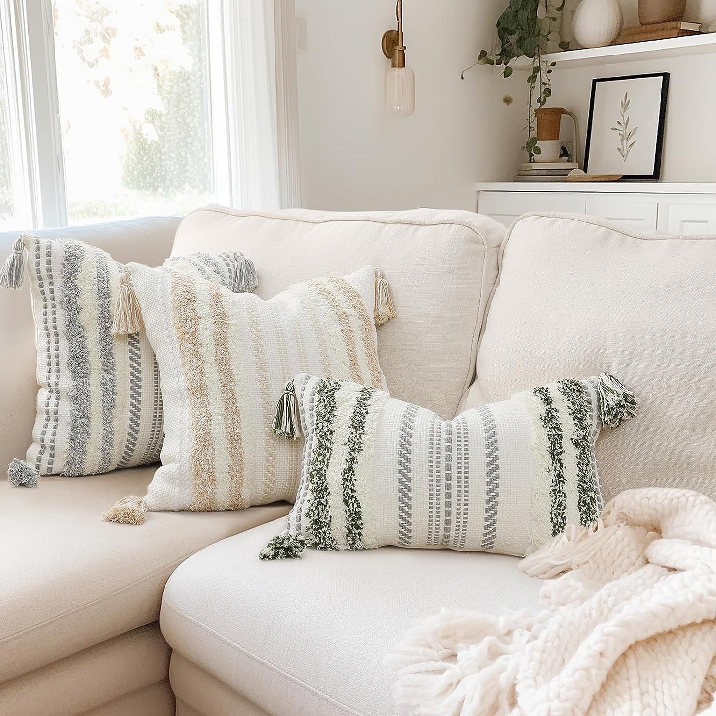Boho Lumbar Pillow Cover 12x20 – Textured Tufted Striped Accent in Green & Cream, Decorative Cushion for Sofa, Bed, or Couch (1-Pack)