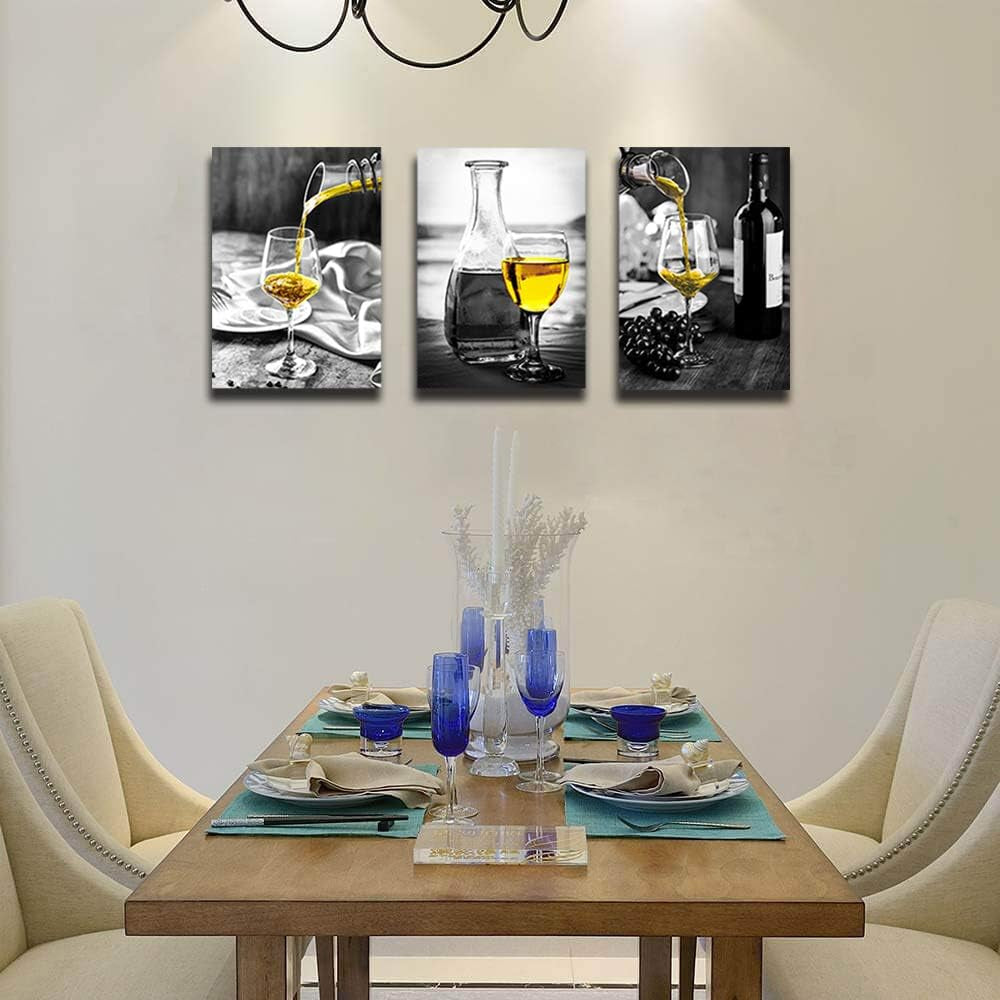 Wine Wall Art ā Black & White Canvas with Yellow Wine Accents for Kitchen & Dining Room Decor.