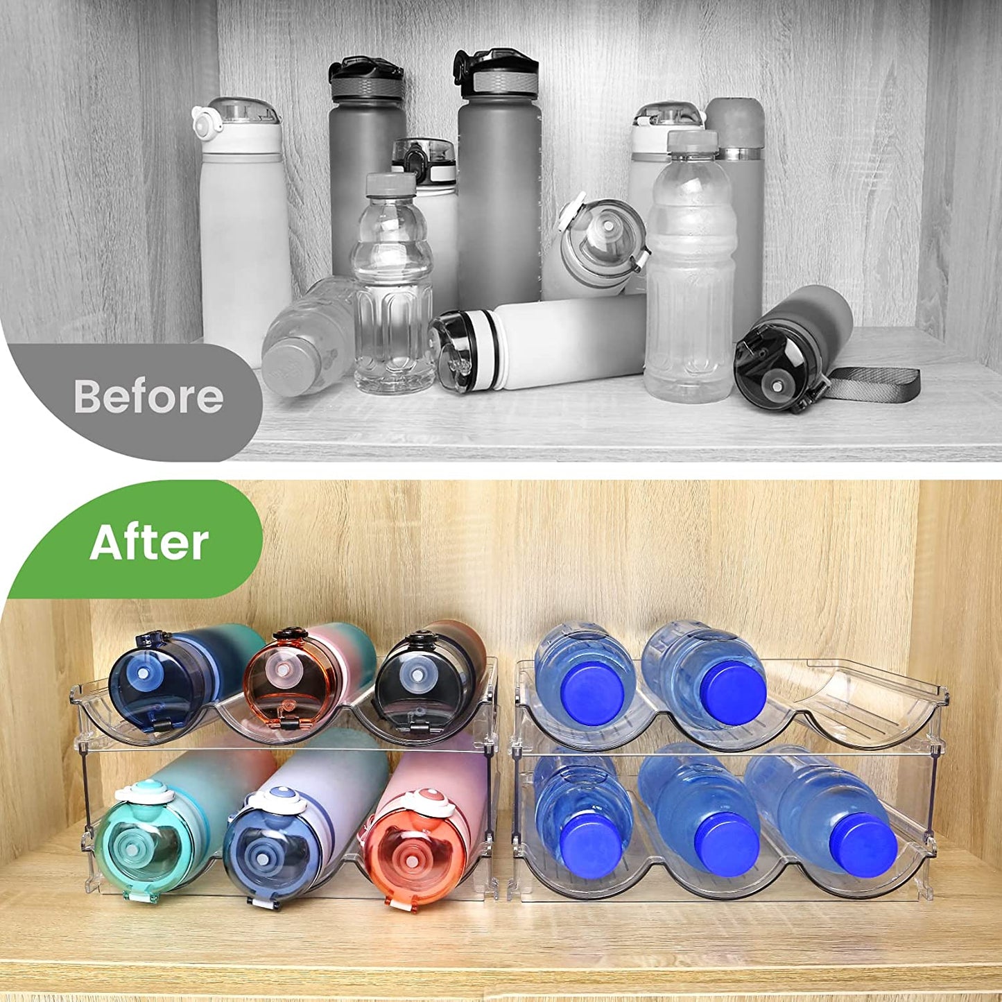 Stackable Water Bottle Organizer – 2-Pack Cabinet Storage Rack for Reusable Bottles & Tumblers