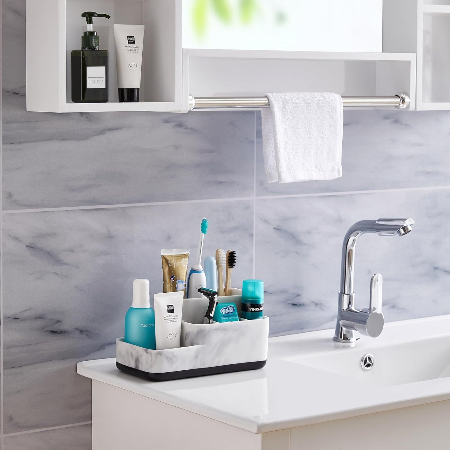 White Marble Toothbrush & Bathroom Organizer – Multi-Functional Countertop Storage.