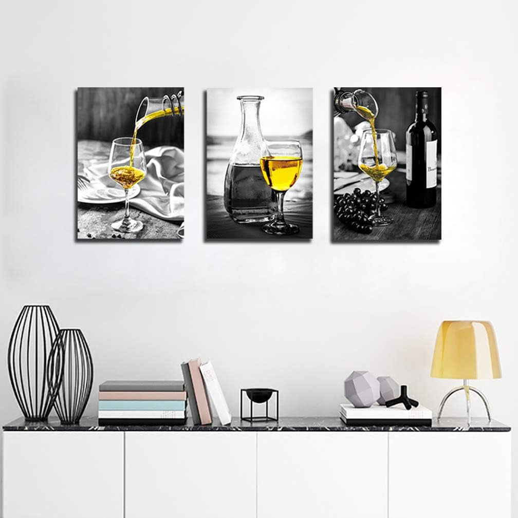 Wine Wall Art ā Black & White Canvas with Yellow Wine Accents for Kitchen & Dining Room Decor.