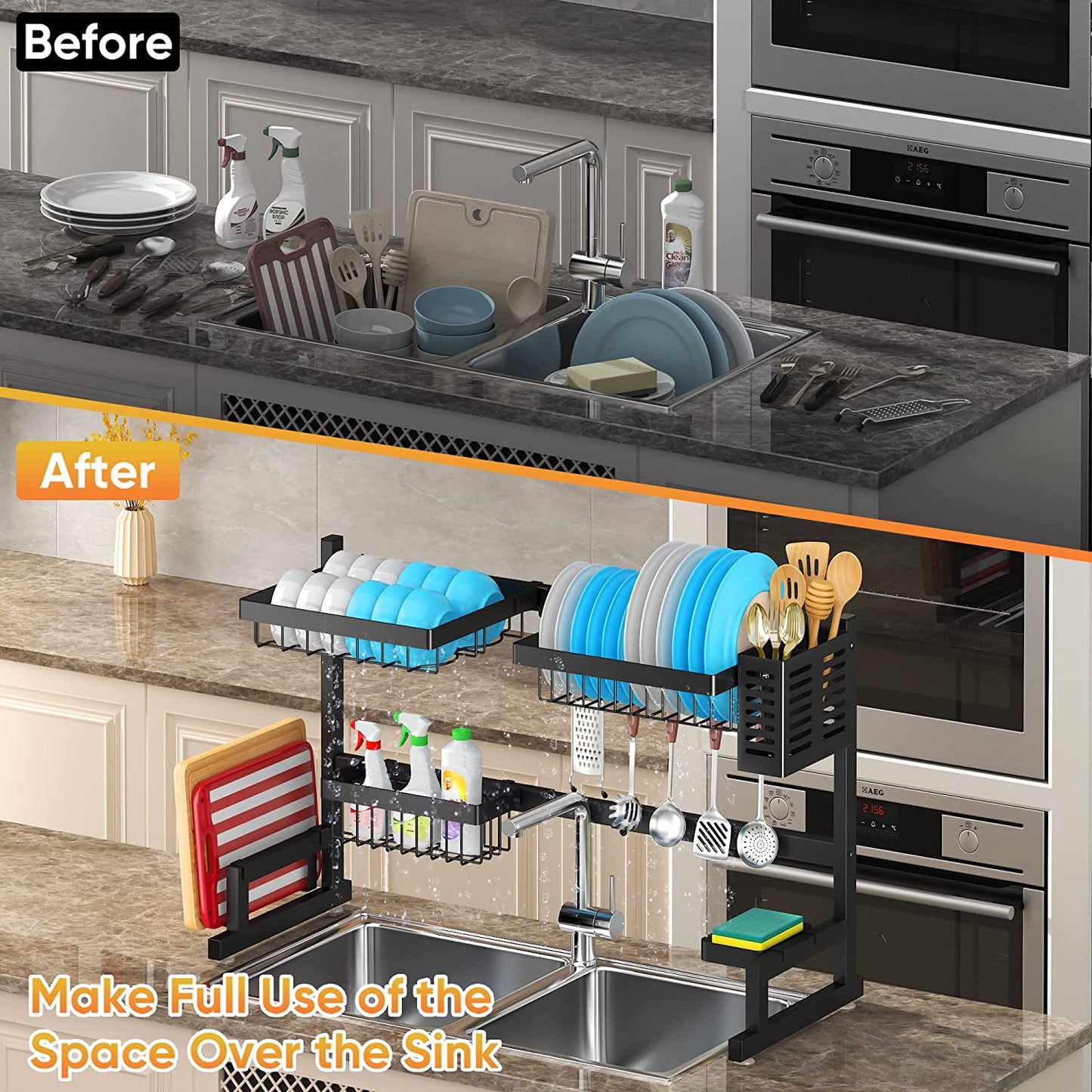 Adjustable Over-Sink Dish Drying Rack – 2-Tier Stainless Steel Kitchen Organizer (26"–38", Black)