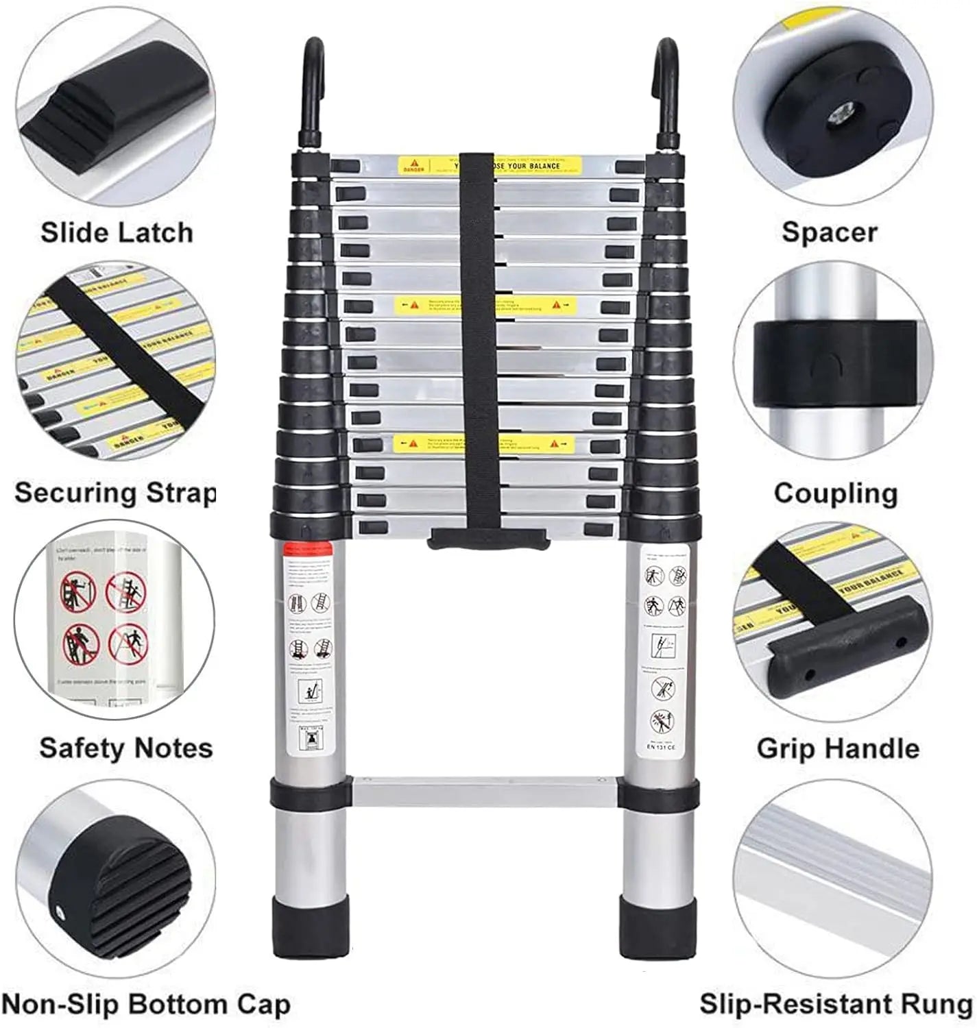 5M Telescopic Ladder with Hooks, 16.5FT Multi-Purpose Folding Aluminium Telescoping Ladder.