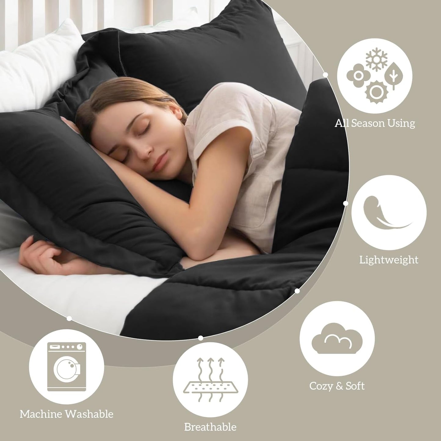 King Size Reversible Comforter Set – 3-Piece Black & Light Grey All-Season Bedding with 2 Shams