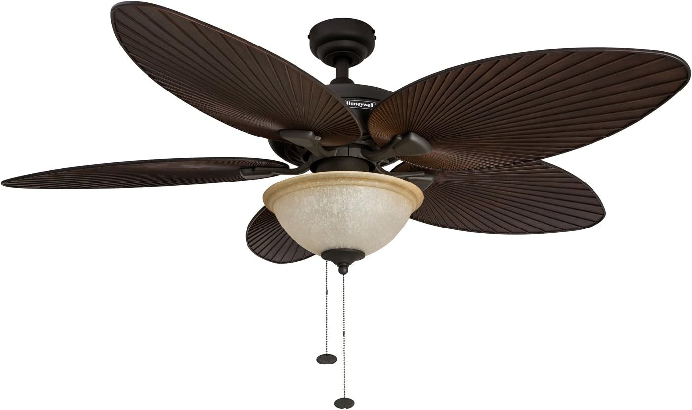 52" Tropical Ceiling Fan with Light – 5 Palm Leaf Blades, Indoor/Outdoor, Pull Chain, Bronze.