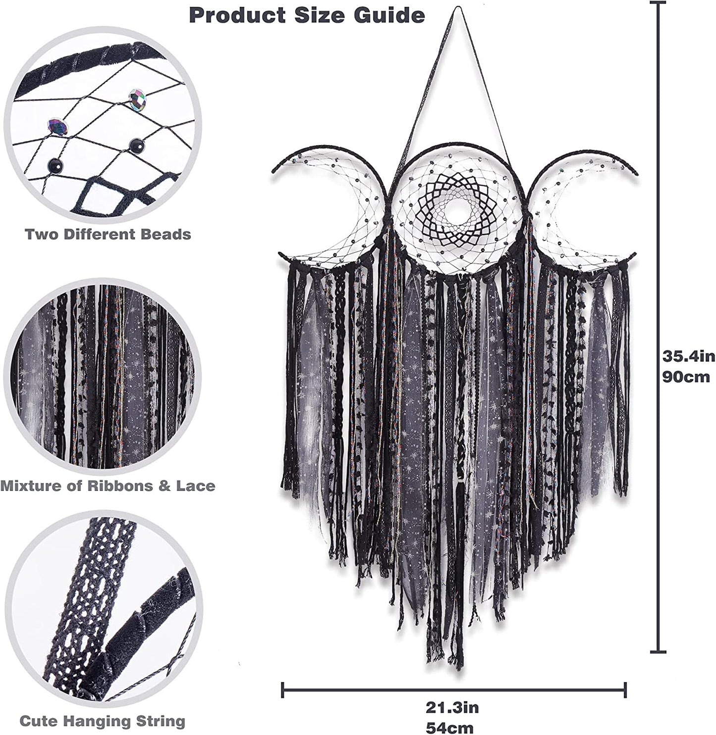 Triple Moon Goddess Macrame Wall Hanging – Wiccan Dreamcatcher Decor, Black.