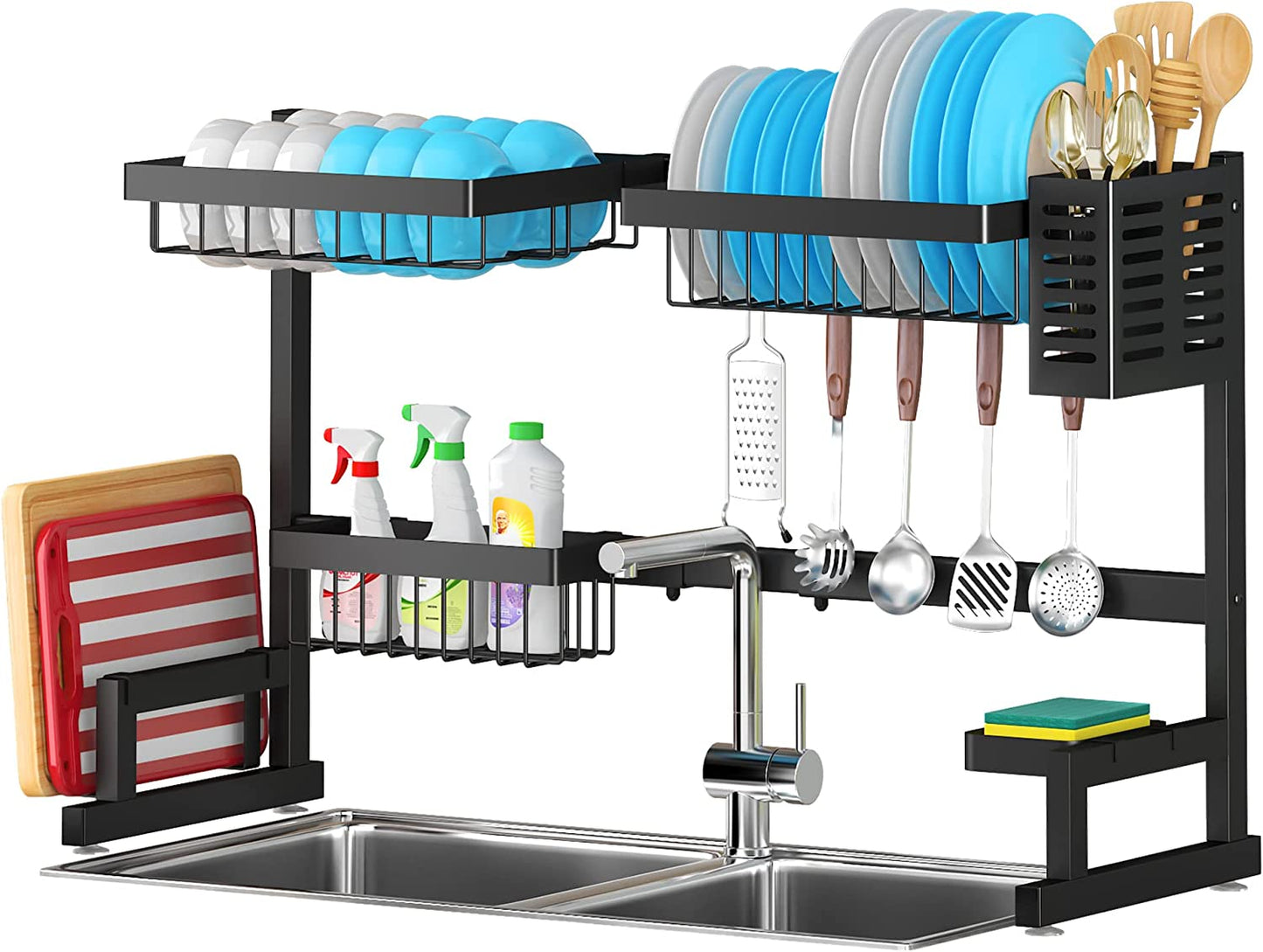 Adjustable Over-Sink Dish Drying Rack – 2-Tier Stainless Steel Kitchen Organizer (26"–38", Black)