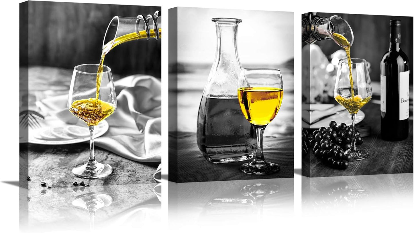 Wine Wall Art ā Black & White Canvas with Yellow Wine Accents for Kitchen & Dining Room Decor.