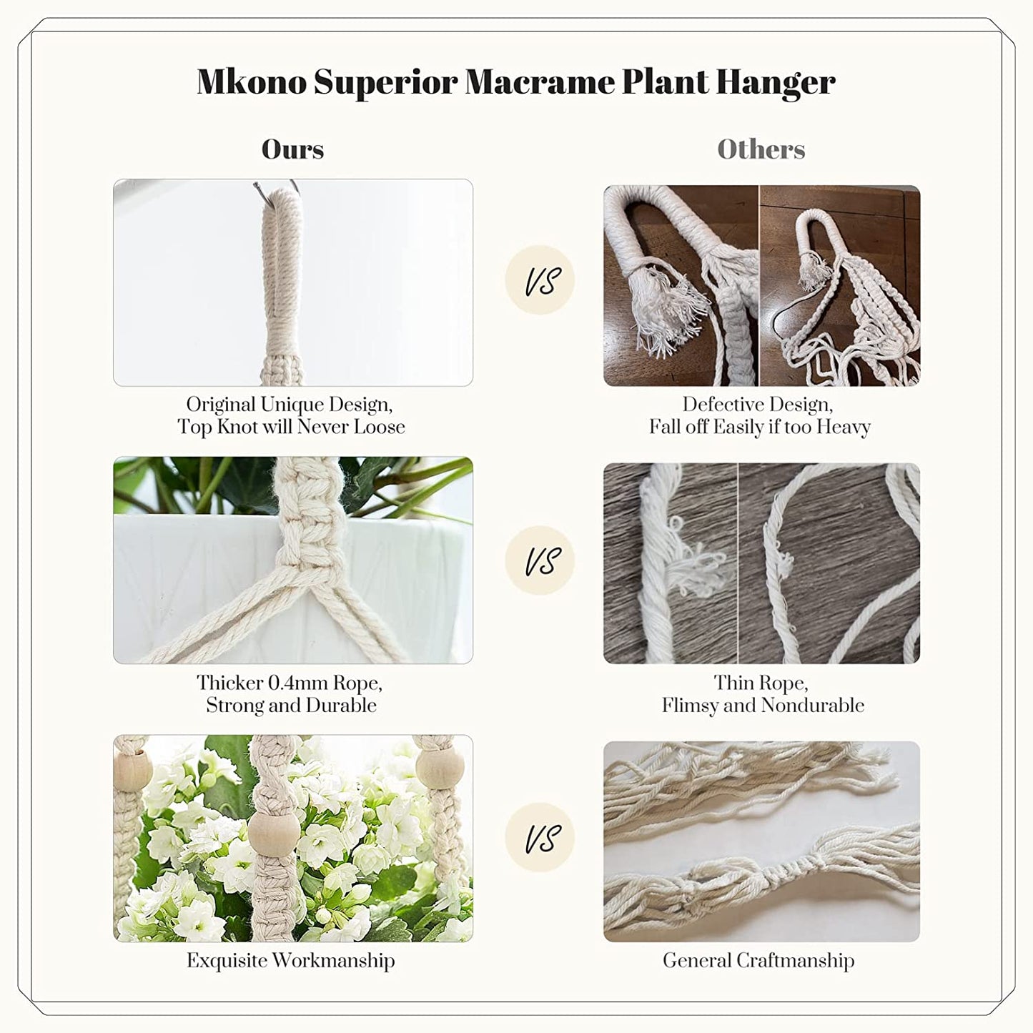 3-Pack Macrame Plant Hangers with Pots – No-Tassel Ivory Set, 3 Sizes (23"/29"/35") with Saucers & Hooks, Indoor Hanging Planters