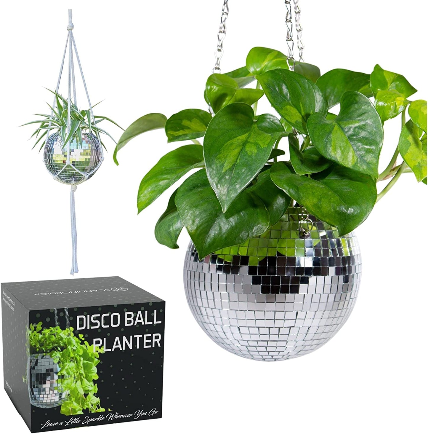 6" Silver Disco Ball Planter – Includes Chain, Macrame Hanger, Stand & Self-Watering Insert