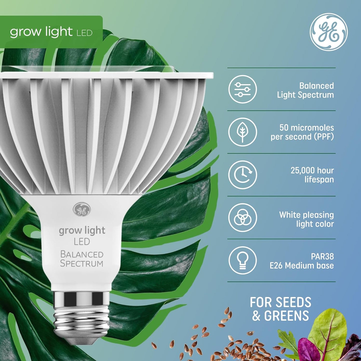 PAR38 LED Grow Light Bulb – Balanced Spectrum for Indoor Plants, 50 PPF, 25,000-Hour Lifespan (1-Pack)