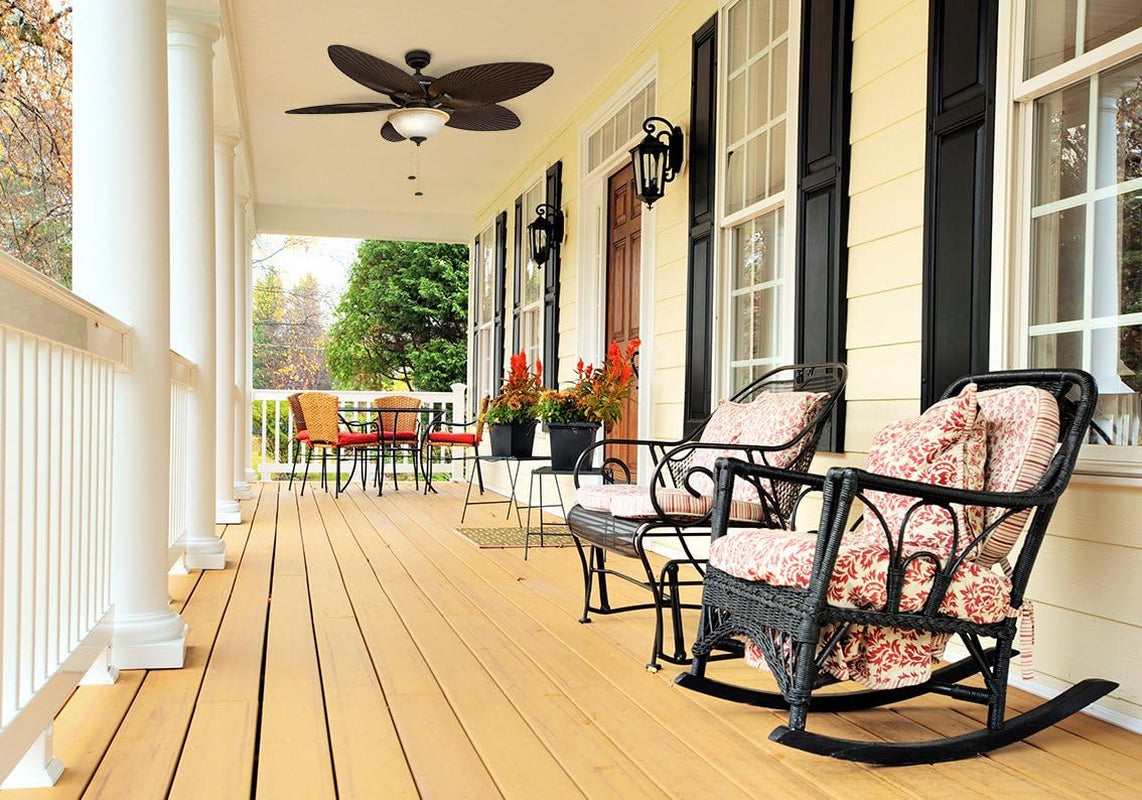 52" Tropical Ceiling Fan with Light – 5 Palm Leaf Blades, Indoor/Outdoor, Pull Chain, Bronze.