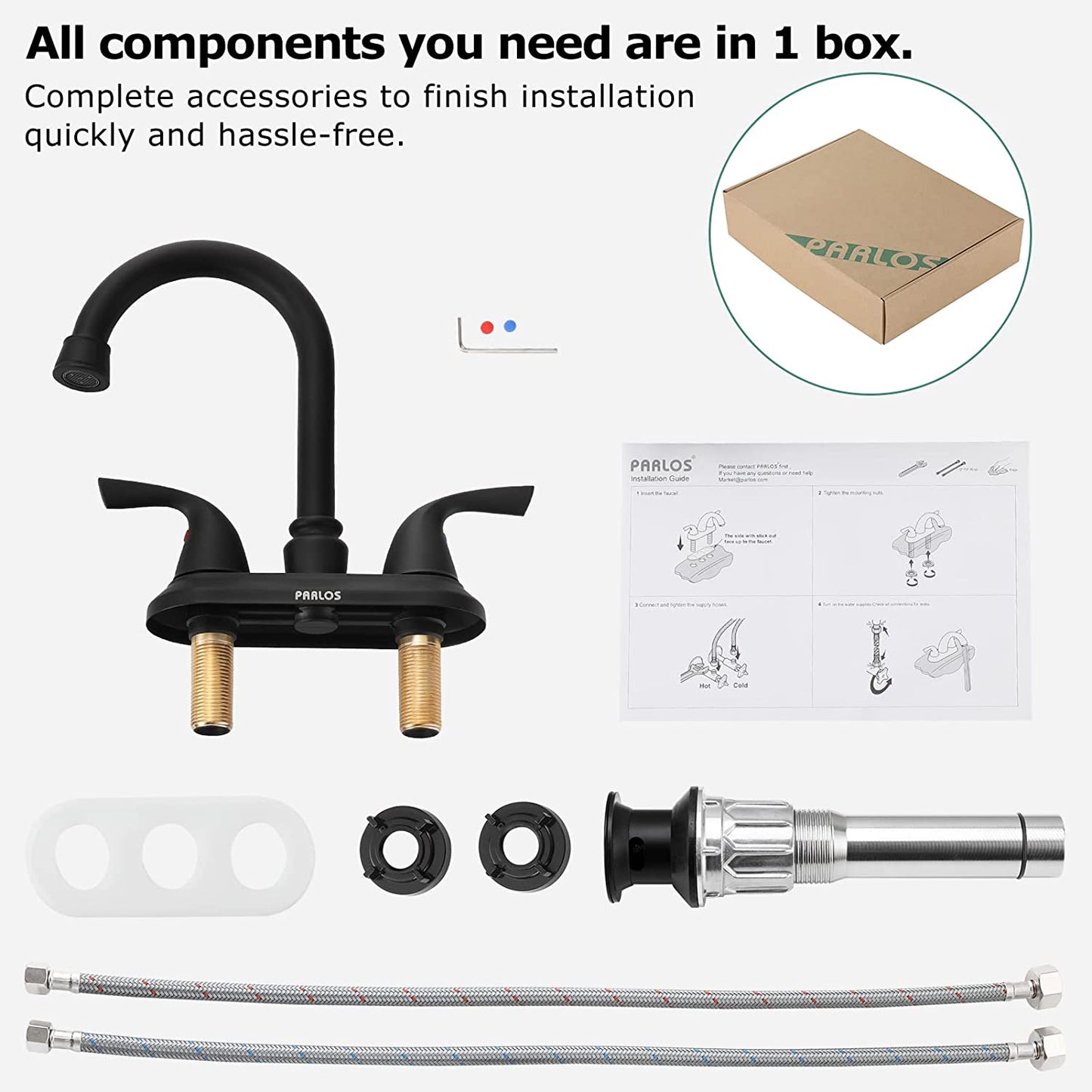 2-Handle Bathroom Faucet – Matte Black, w/ Drain & Supply Lines, NSF cUPC Certified