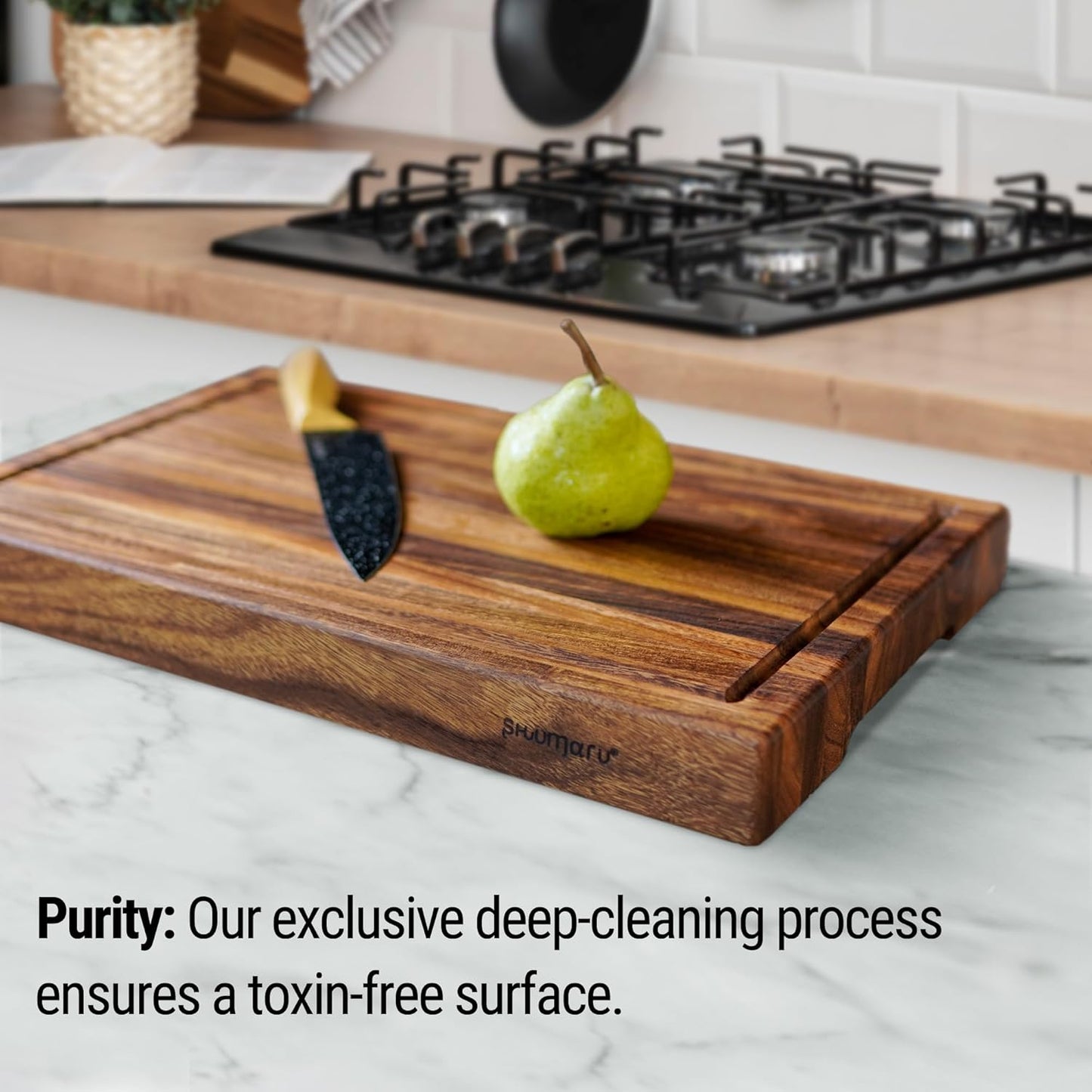 Tropical Walnut Butcher Block – 18.8" x 12.3" x 2" Cutting Board with Juice Groove, Non-Slip Feet & Handles.