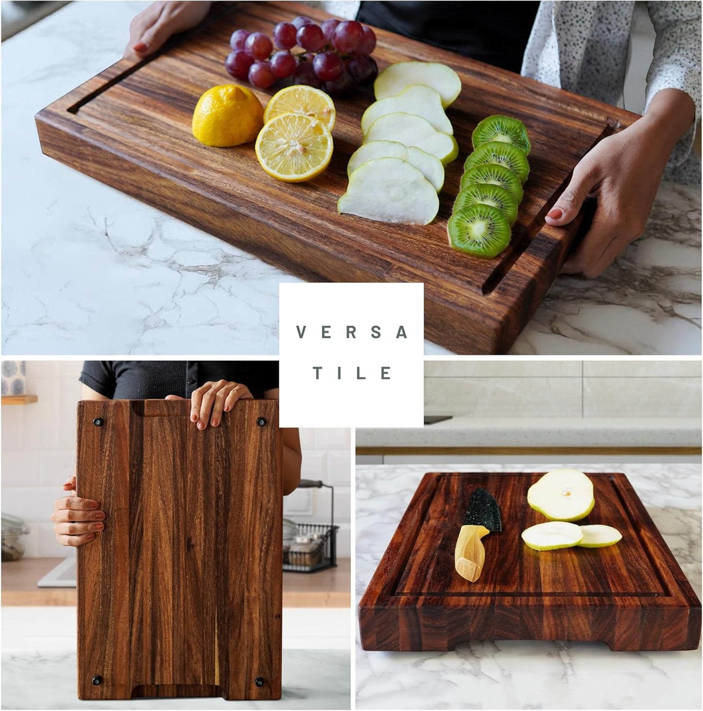 Tropical Walnut Butcher Block – 18.8" x 12.3" x 2" Cutting Board with Juice Groove, Non-Slip Feet & Handles.