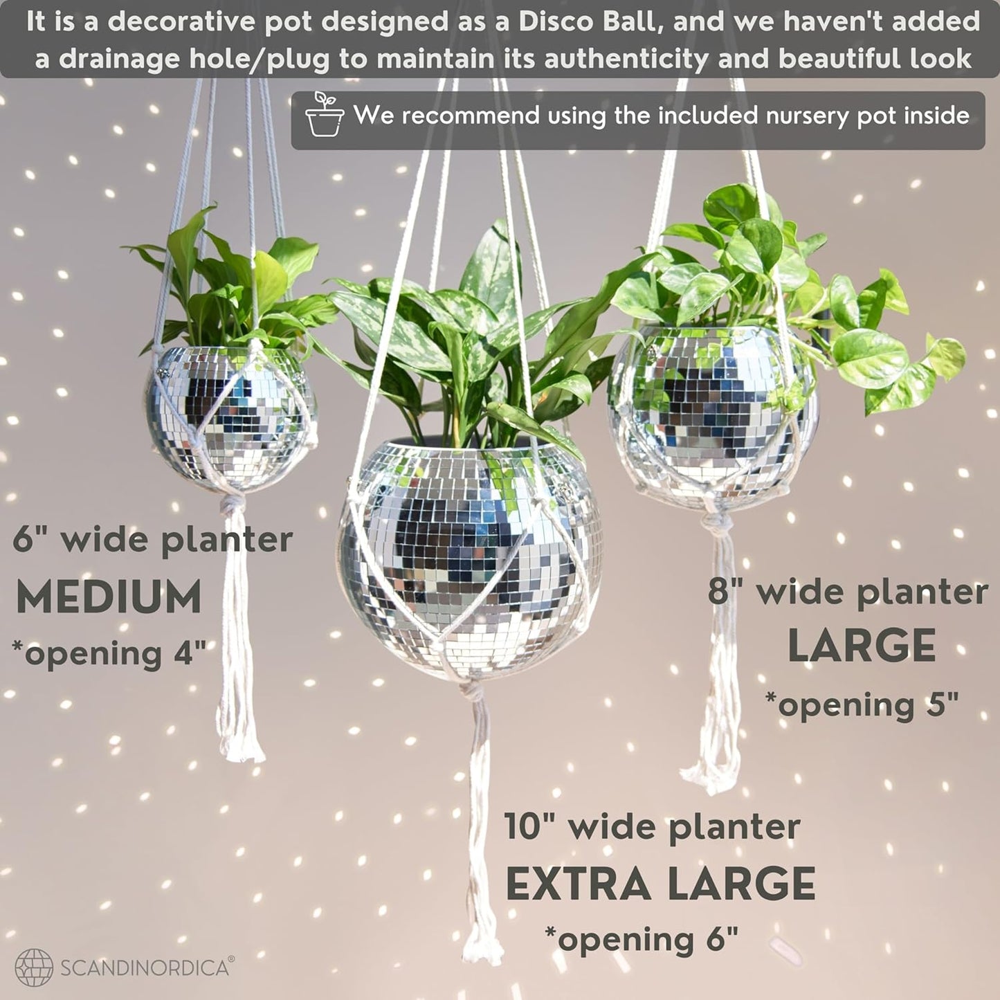 6" Silver Disco Ball Planter – Includes Chain, Macrame Hanger, Stand & Self-Watering Insert