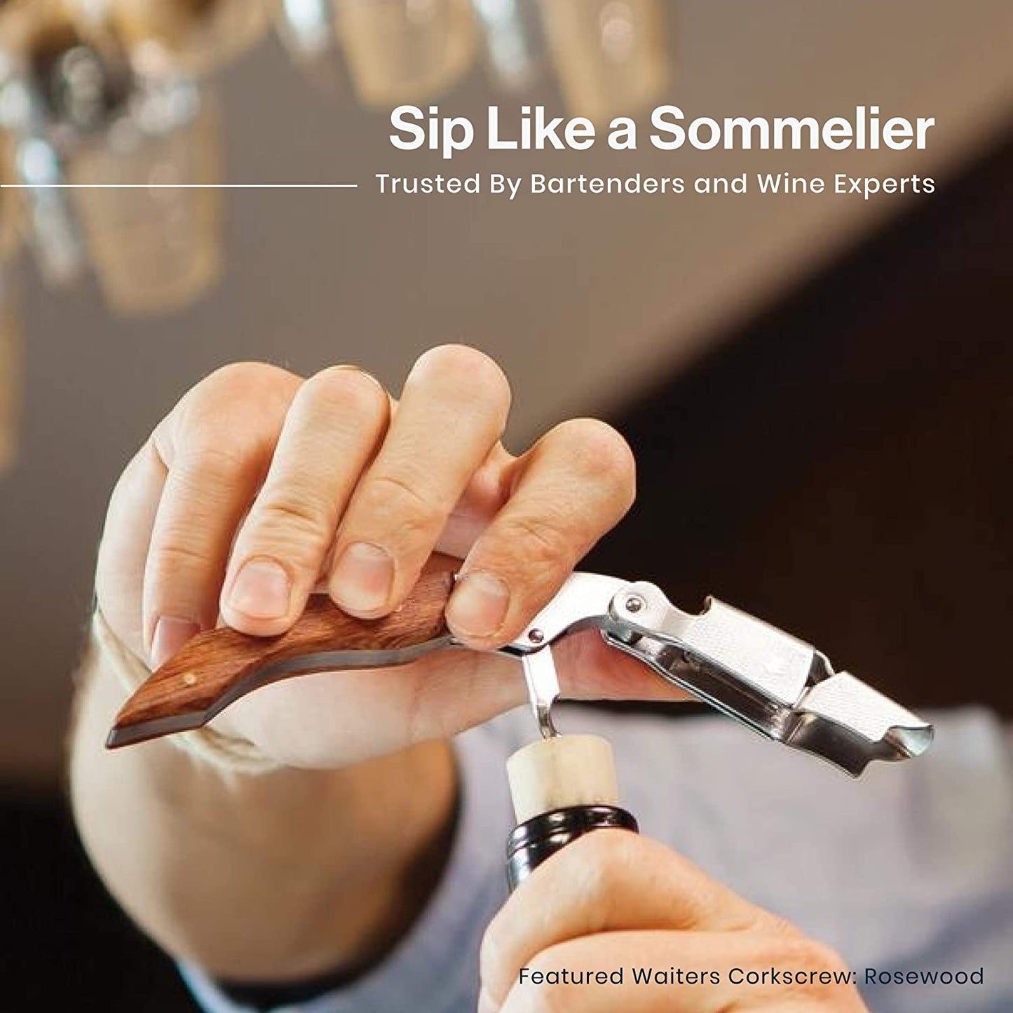 HiCoup Professional Wine Opener – Stainless Steel Corkscrew with Foil Cutter & Bottle Opener, Rosewood Handle.
