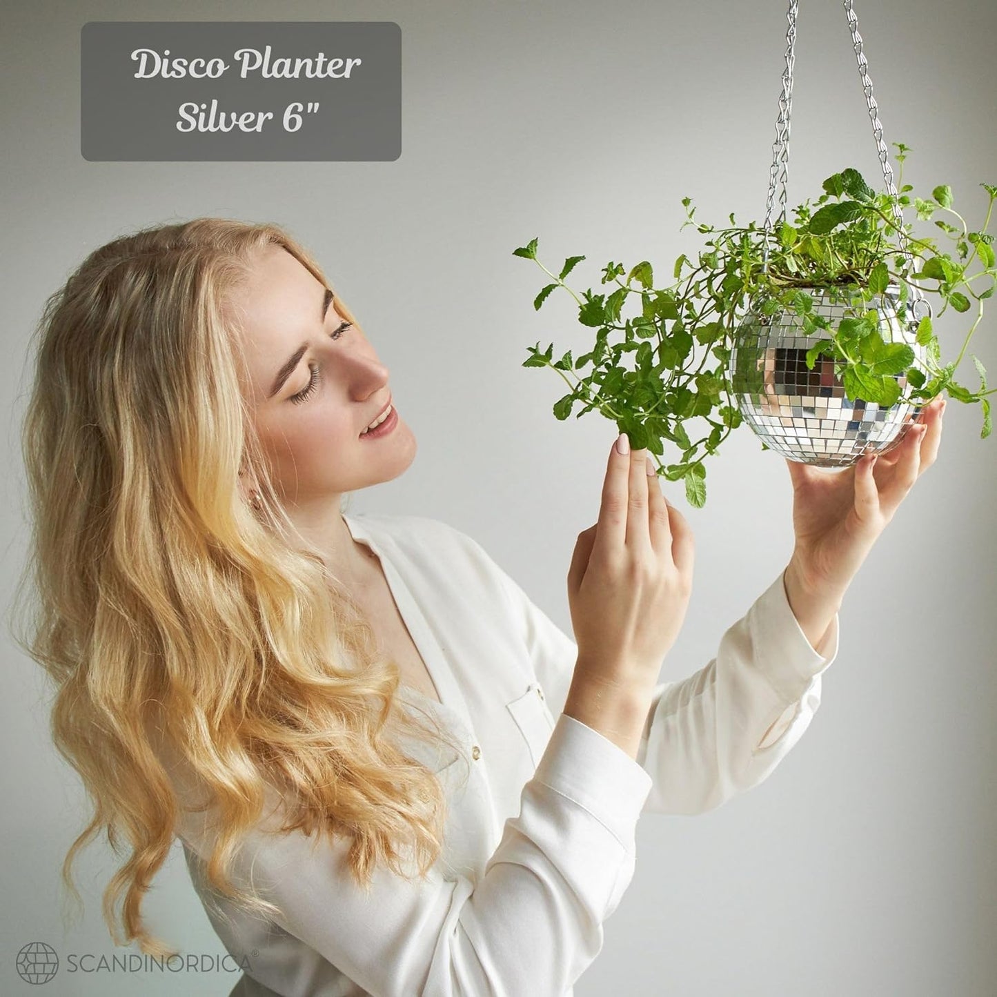 6" Silver Disco Ball Planter – Includes Chain, Macrame Hanger, Stand & Self-Watering Insert