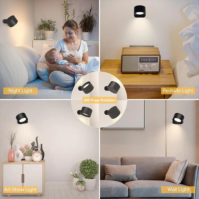 LED Wall Lamp – Touch & Remote Control, 360° Rotating, USB Rechargeable Night Light