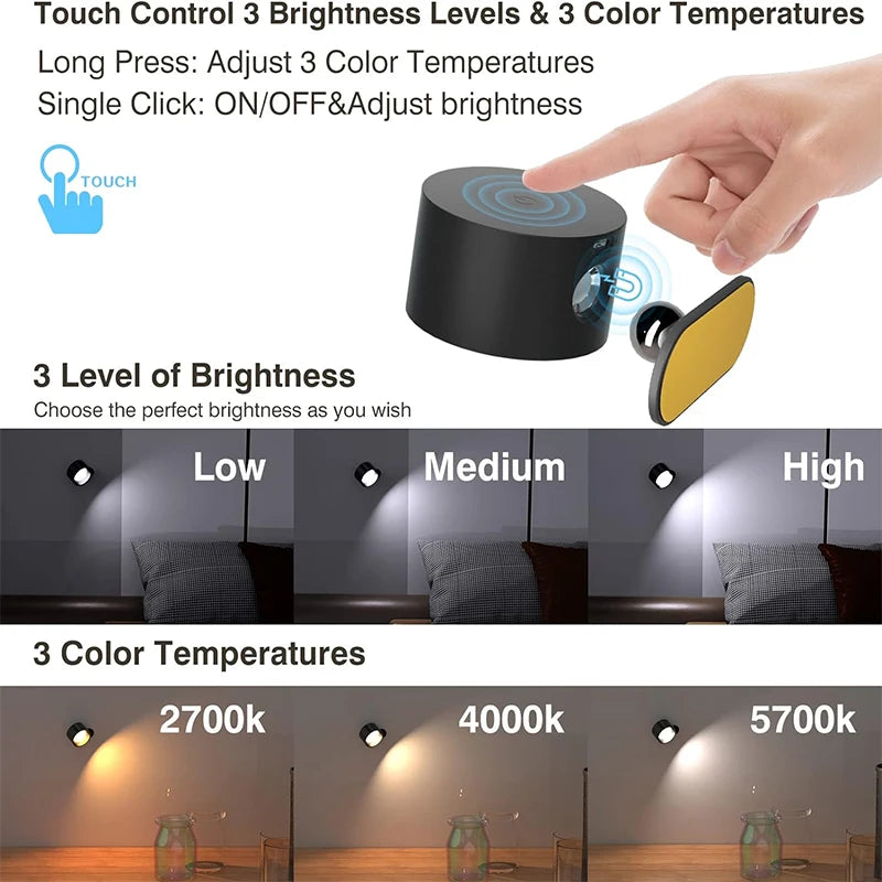 LED Wall Lamp – Touch & Remote Control, 360° Rotating, USB Rechargeable Night Light
