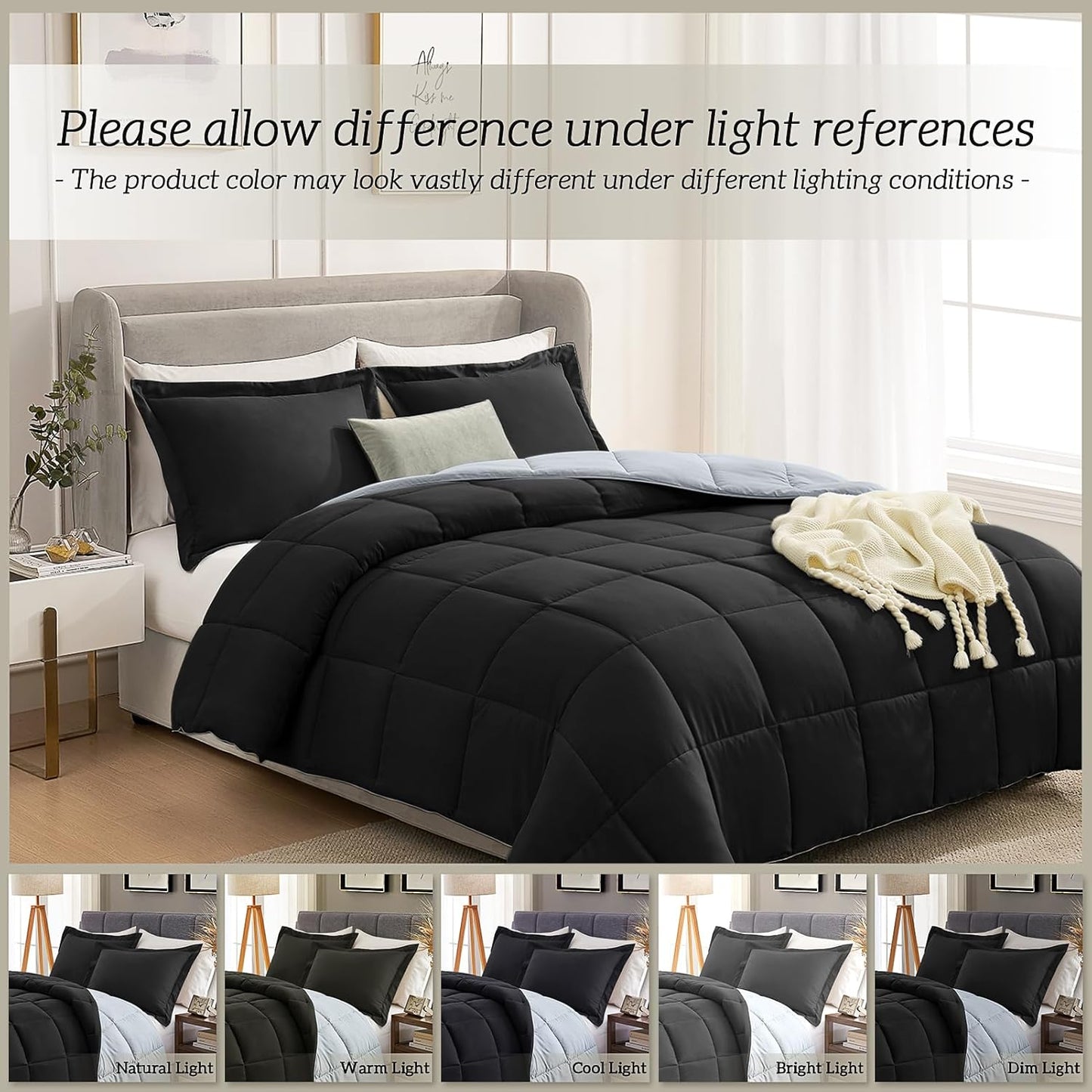 King Size Reversible Comforter Set – 3-Piece Black & Light Grey All-Season Bedding with 2 Shams