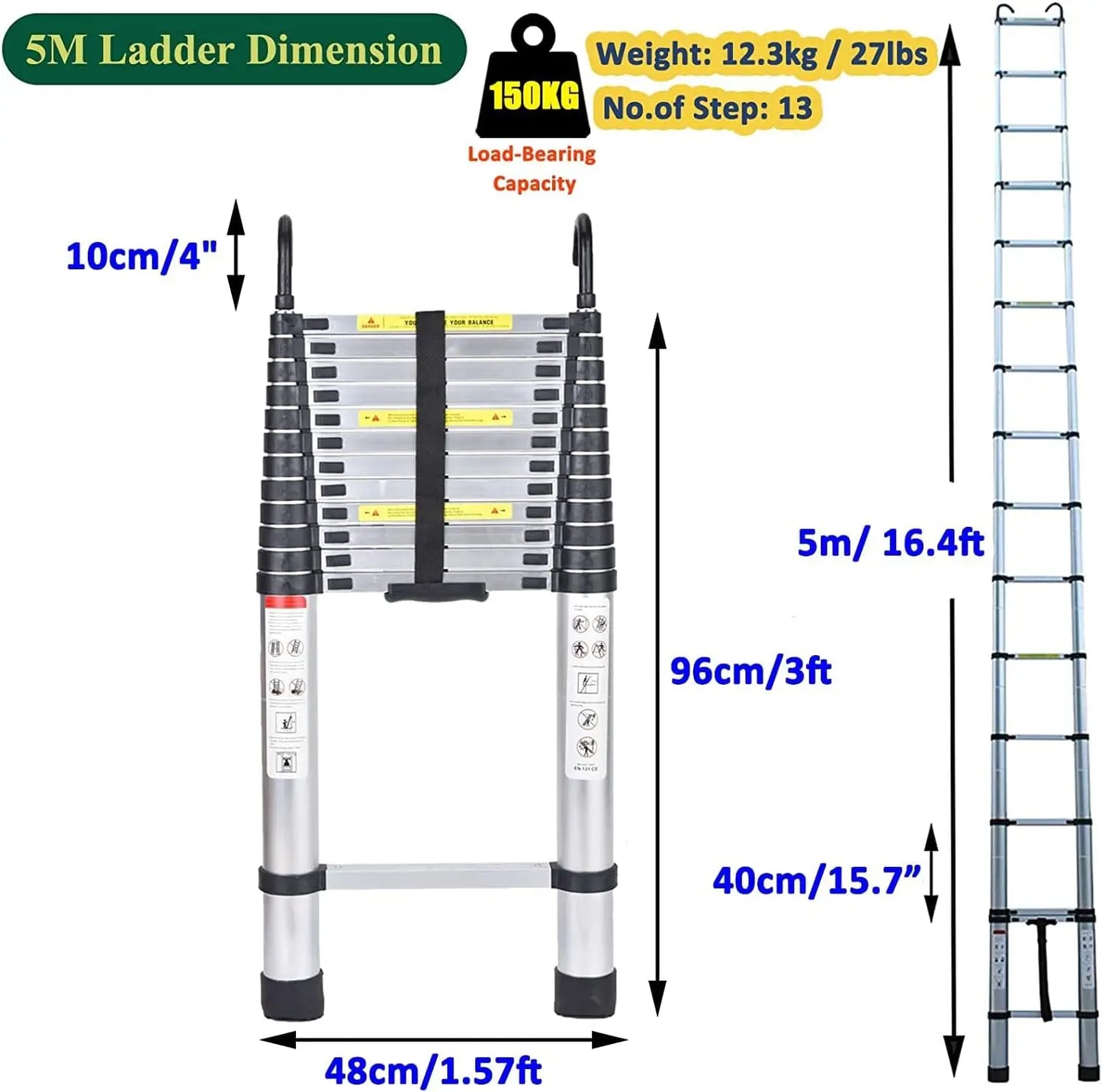5M Telescopic Ladder with Hooks, 16.5FT Multi-Purpose Folding Aluminium Telescoping Ladder.
