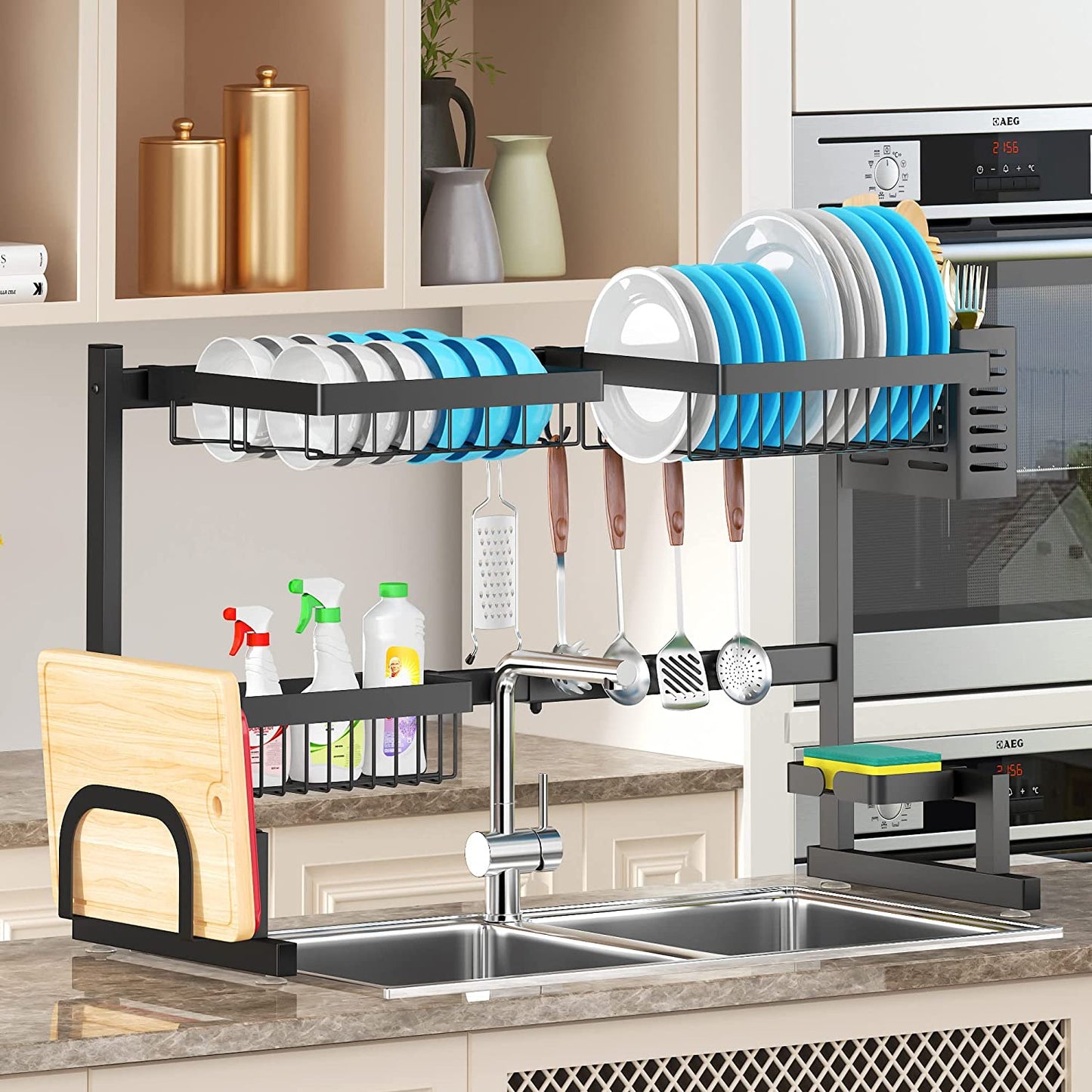 Adjustable Over-Sink Dish Drying Rack – 2-Tier Stainless Steel Kitchen Organizer (26"–38", Black)