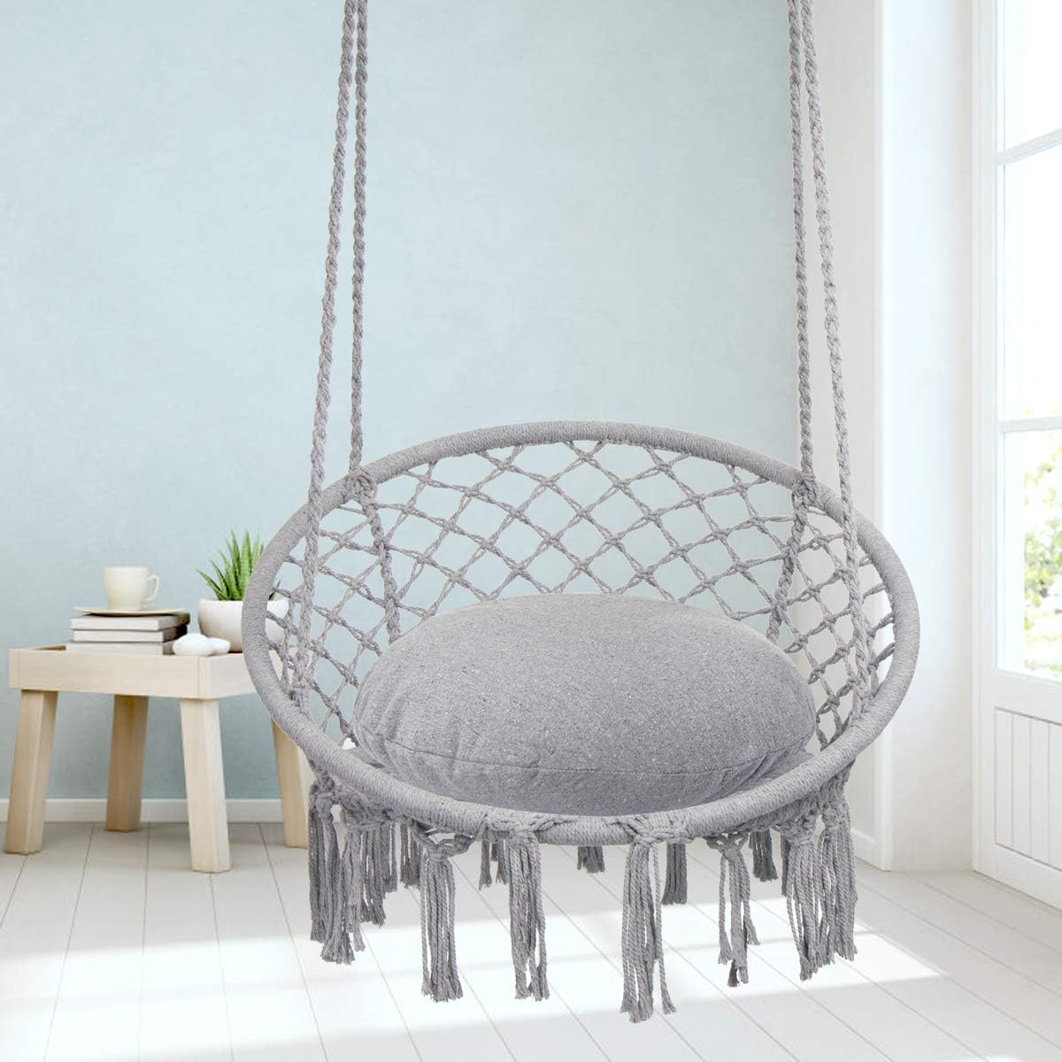 Macrame Hammock Chair Swing – Cotton Rope, 330 lbs Capacity, Indoor/Outdoor (Light Grey)