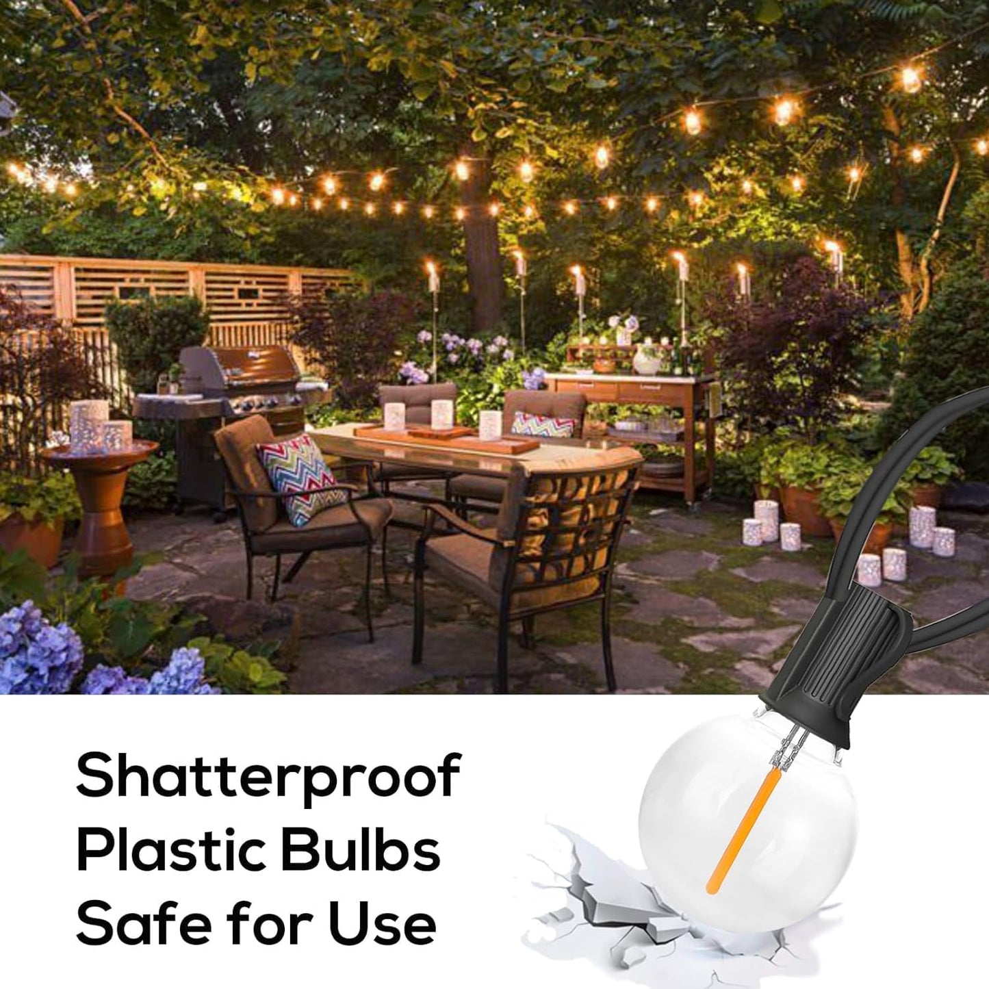 29FT Outdoor Globe String Lights – Waterproof, Shatterproof, 15 Dimmable Bulbs with E12 Base for Patio & Backyard