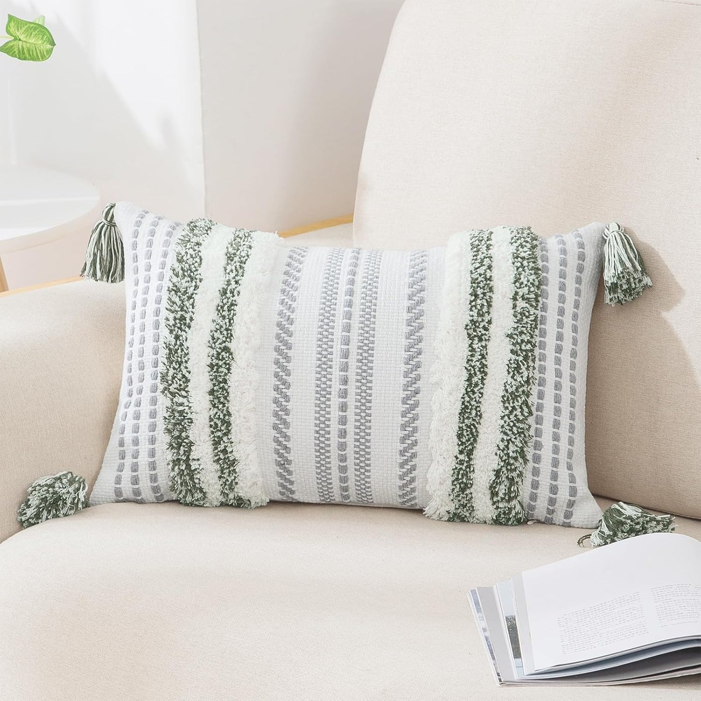 Boho Lumbar Pillow Cover 12x20 – Textured Tufted Striped Accent in Green & Cream, Decorative Cushion for Sofa, Bed, or Couch (1-Pack)