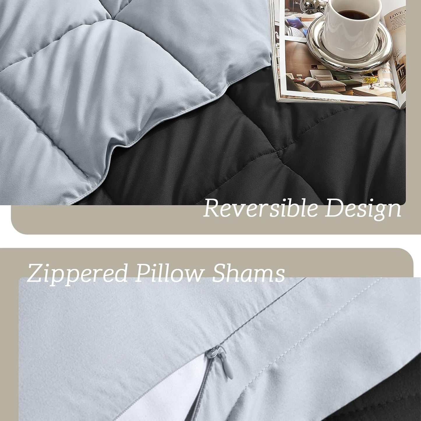 King Size Reversible Comforter Set – 3-Piece Black & Light Grey All-Season Bedding with 2 Shams