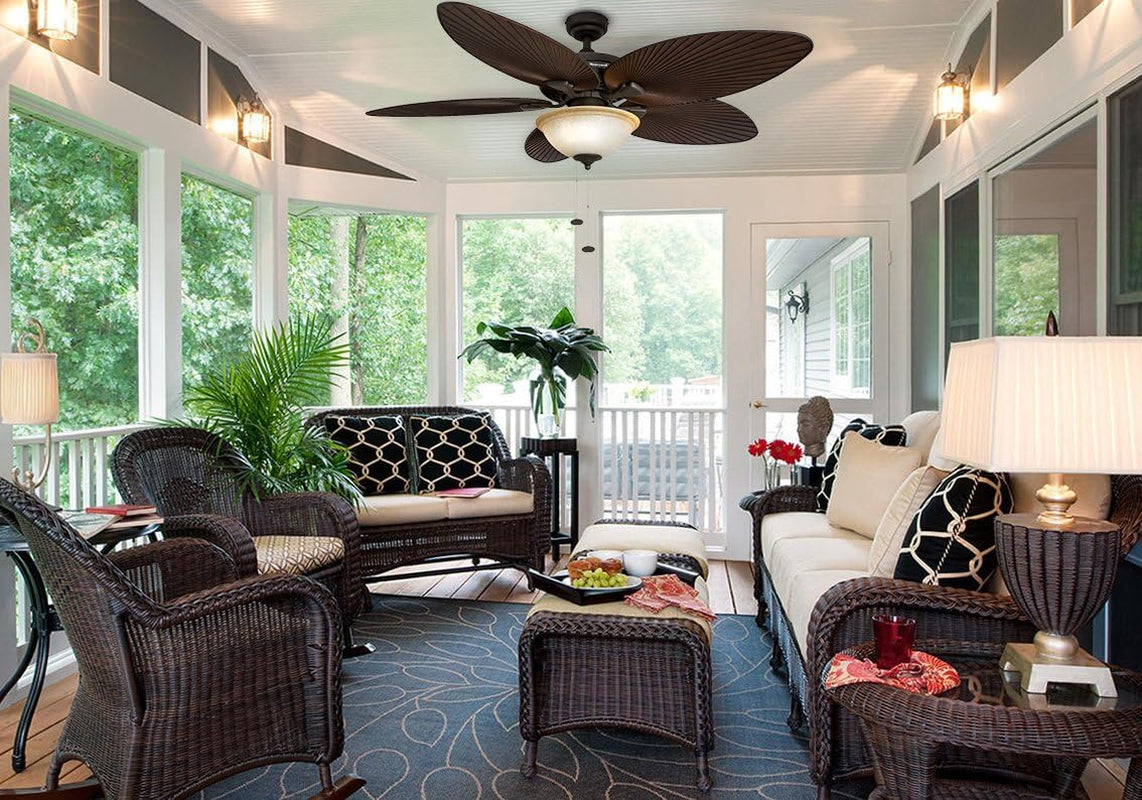 52" Tropical Ceiling Fan with Light – 5 Palm Leaf Blades, Indoor/Outdoor, Pull Chain, Bronze.