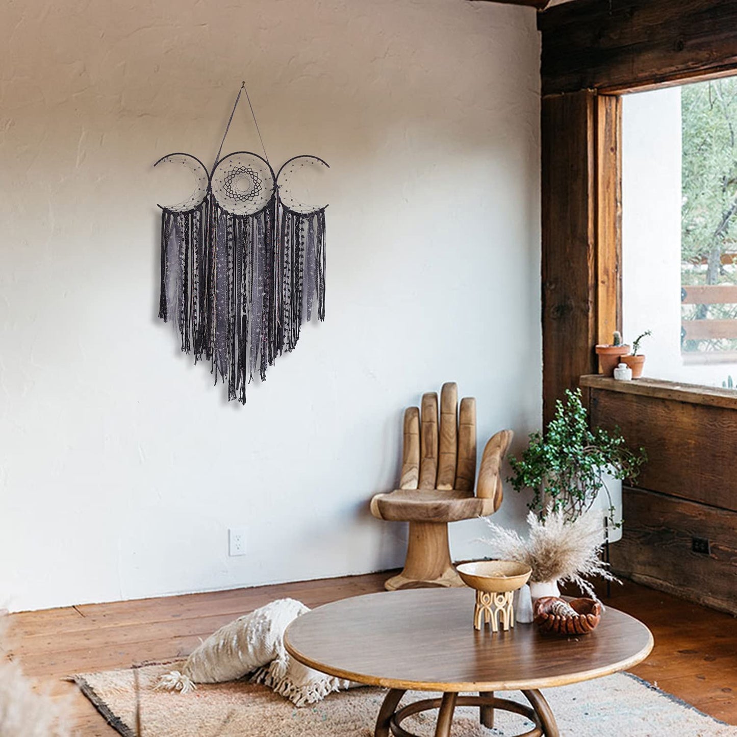Triple Moon Goddess Macrame Wall Hanging – Wiccan Dreamcatcher Decor, Black.