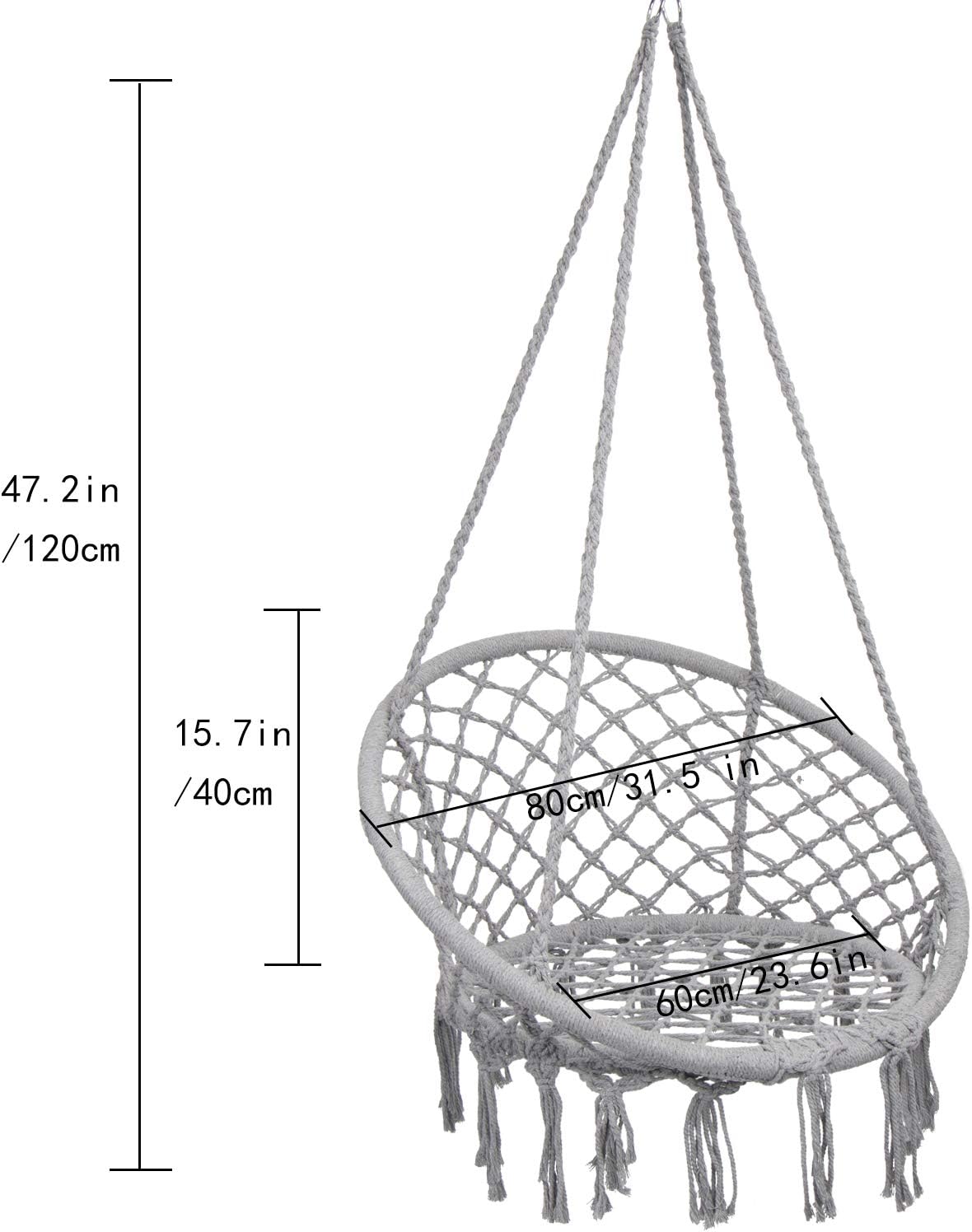 Macrame Hammock Chair Swing – Cotton Rope, 330 lbs Capacity, Indoor/Outdoor (Light Grey)