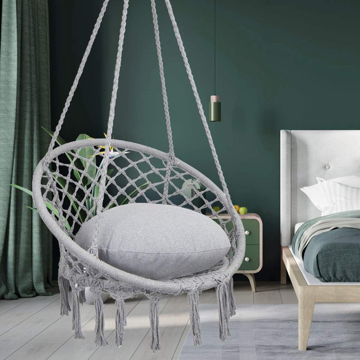 Macrame Hammock Chair Swing – Cotton Rope, 330 lbs Capacity, Indoor/Outdoor (Light Grey)