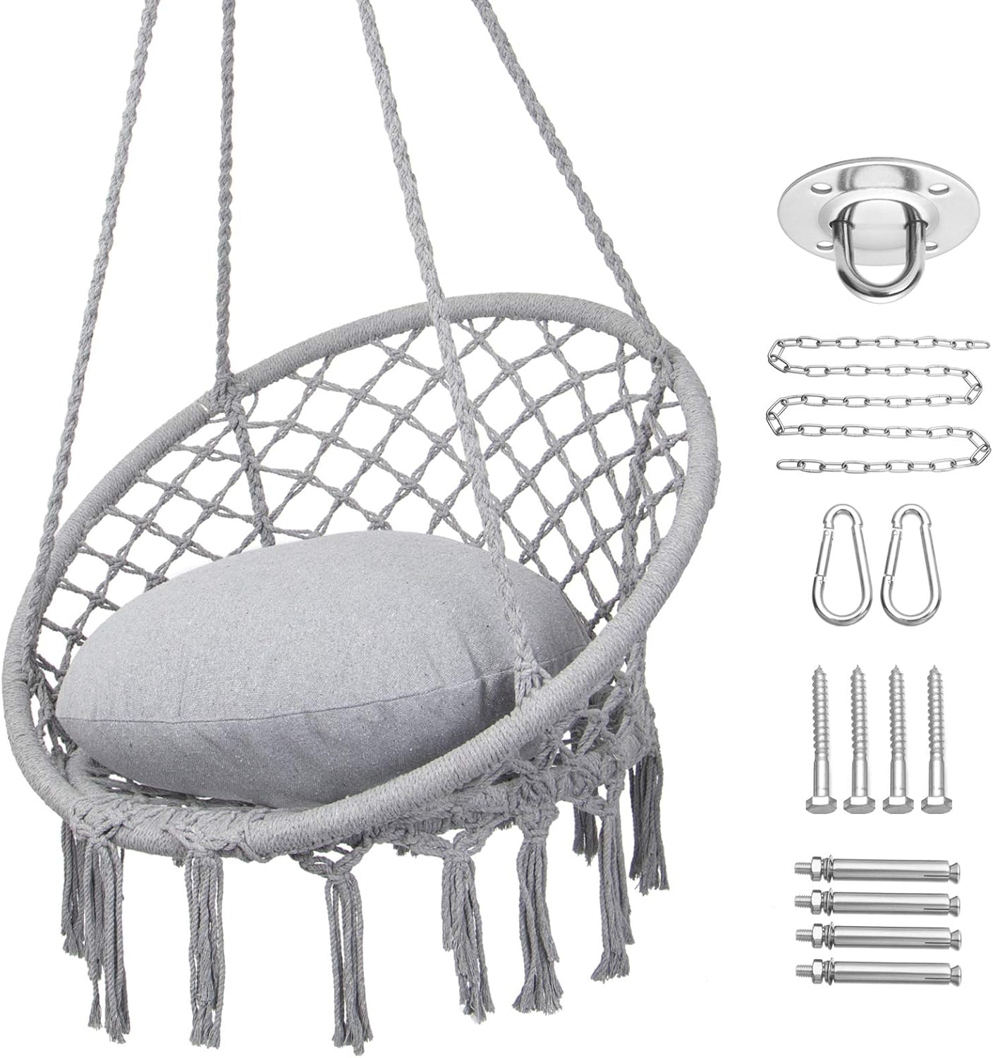 Macrame Hammock Chair Swing – Cotton Rope, 330 lbs Capacity, Indoor/Outdoor (Light Grey)