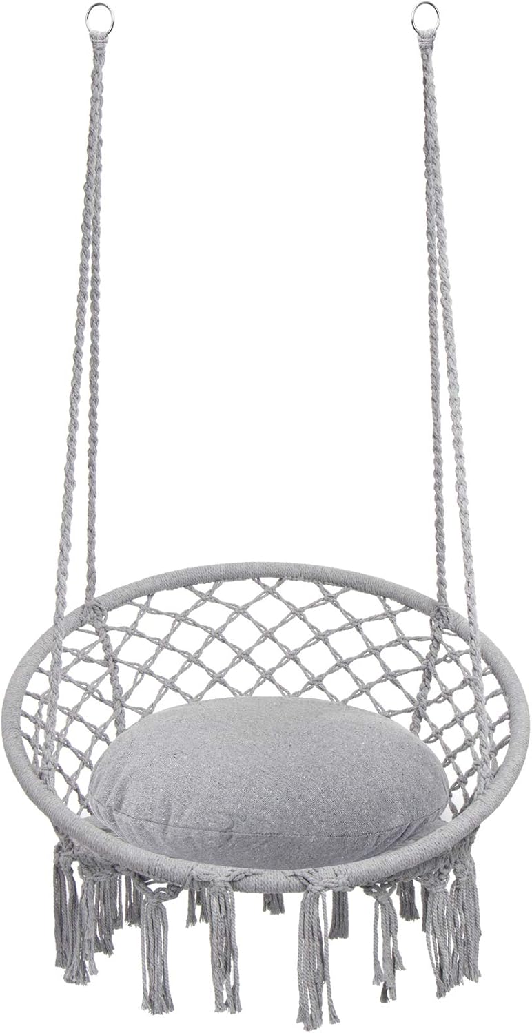 Macrame Hammock Chair Swing – Cotton Rope, 330 lbs Capacity, Indoor/Outdoor (Light Grey)