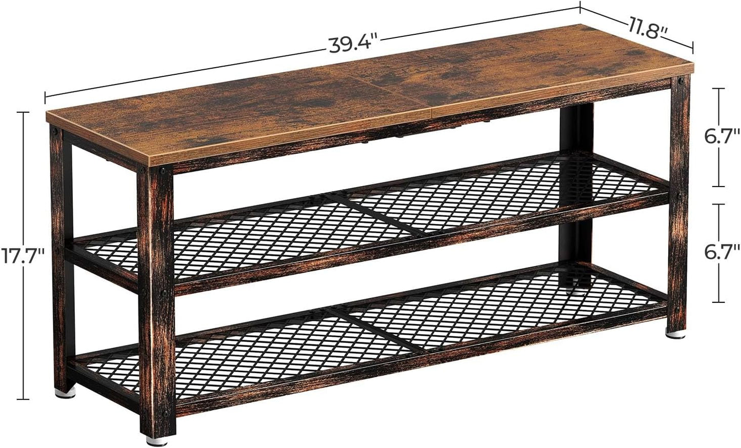 3-Tier Shoe Bench with Wood Seat – Rustic Entryway Storage Rack, 39.4", Steel Frame.