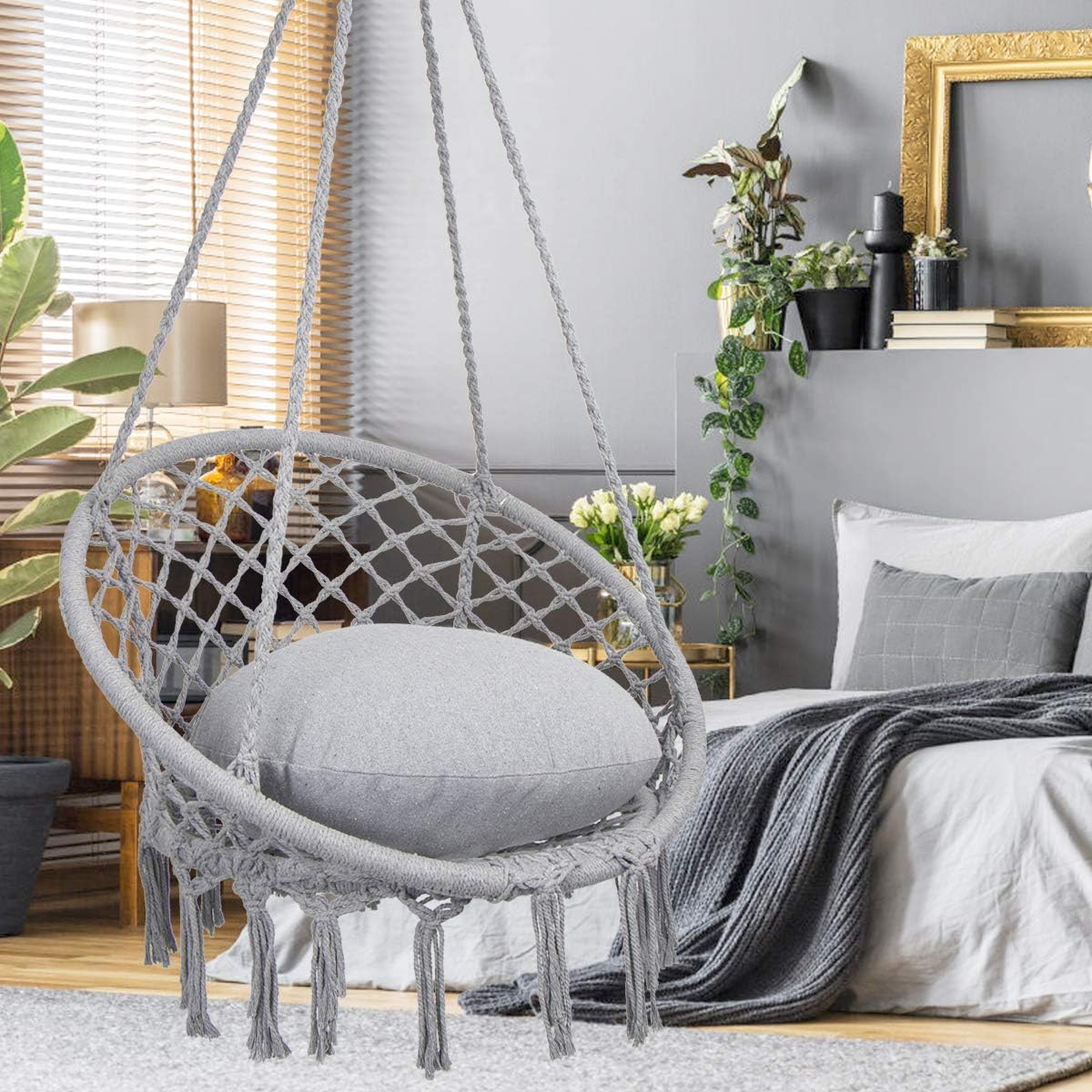 Macrame Hammock Chair Swing – Cotton Rope, 330 lbs Capacity, Indoor/Outdoor (Light Grey)