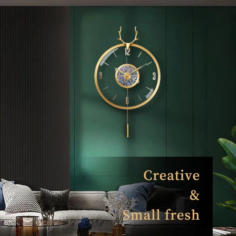 Nordic Modern Luxury Wall Clock Metal Copper Deer Head Creative Large Clocks Wall Home Decor Silent Watch Living Room Gift Ideas