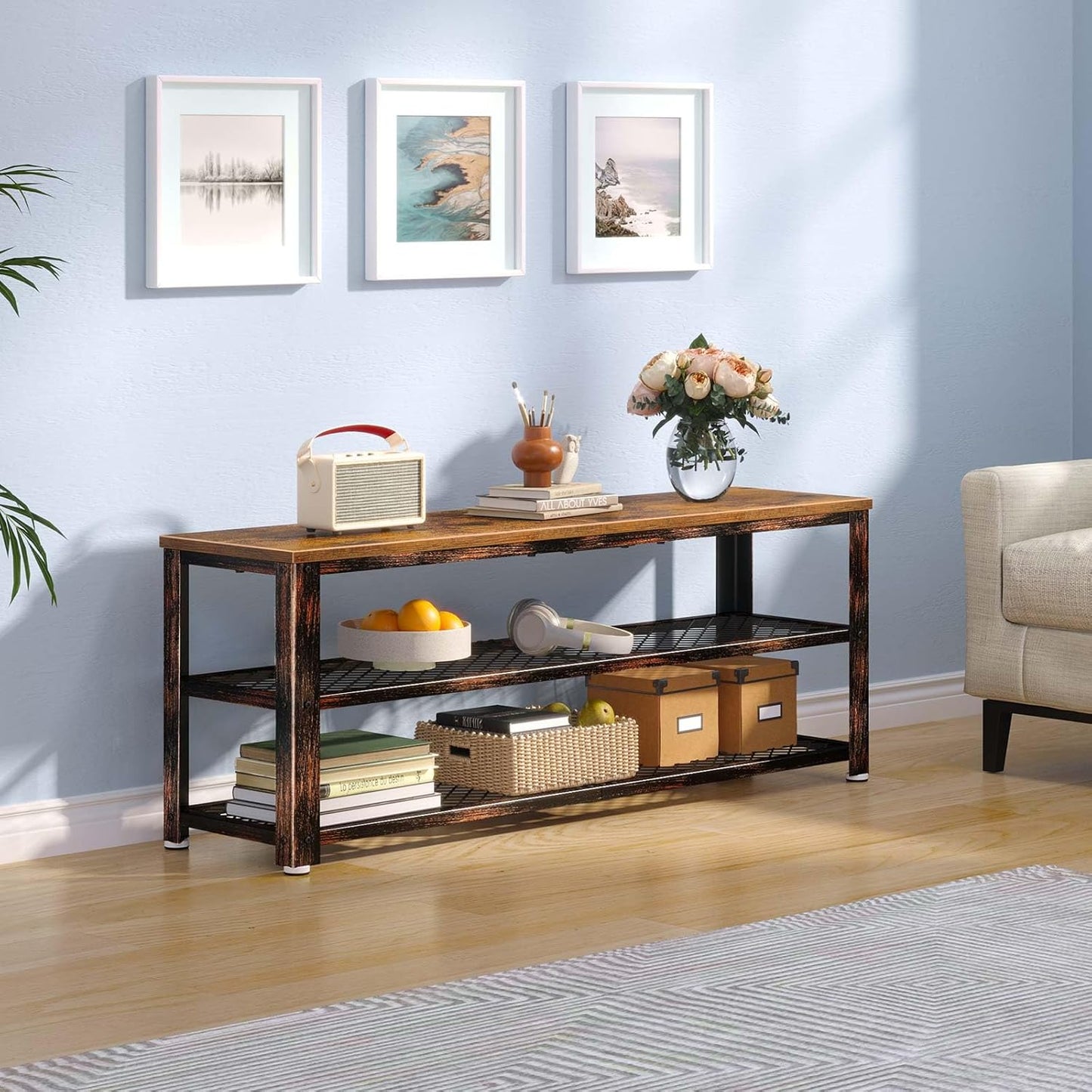 3-Tier Shoe Bench with Wood Seat – Rustic Entryway Storage Rack, 39.4", Steel Frame.