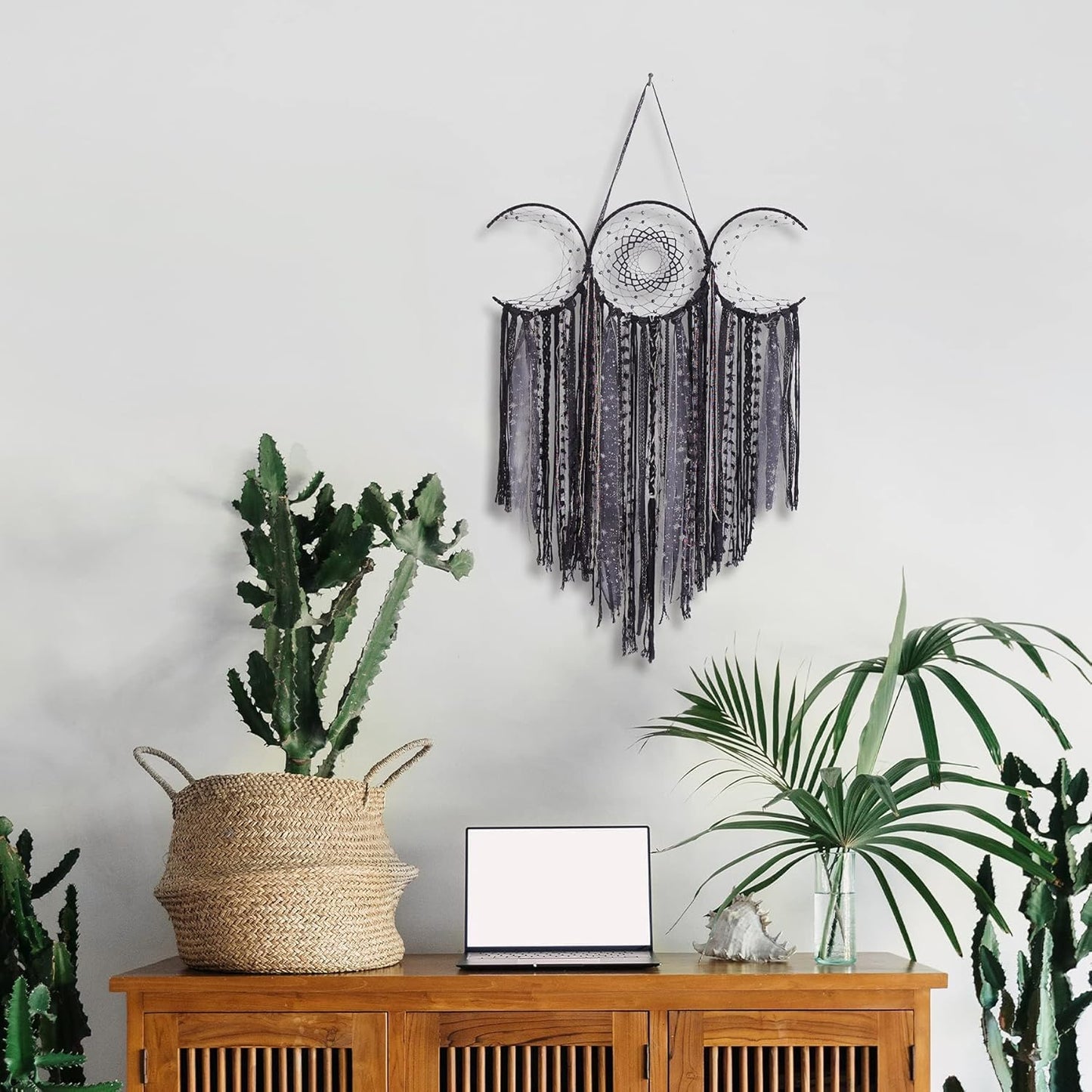 Triple Moon Goddess Macrame Wall Hanging – Wiccan Dreamcatcher Decor, Black.