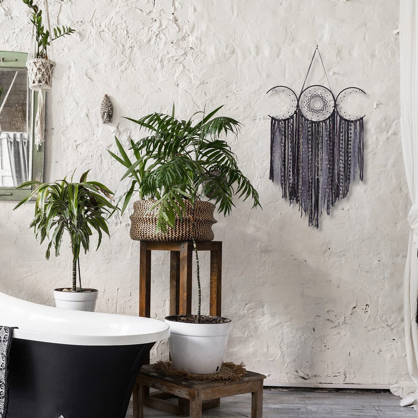 Triple Moon Goddess Macrame Wall Hanging – Wiccan Dreamcatcher Decor, Black.