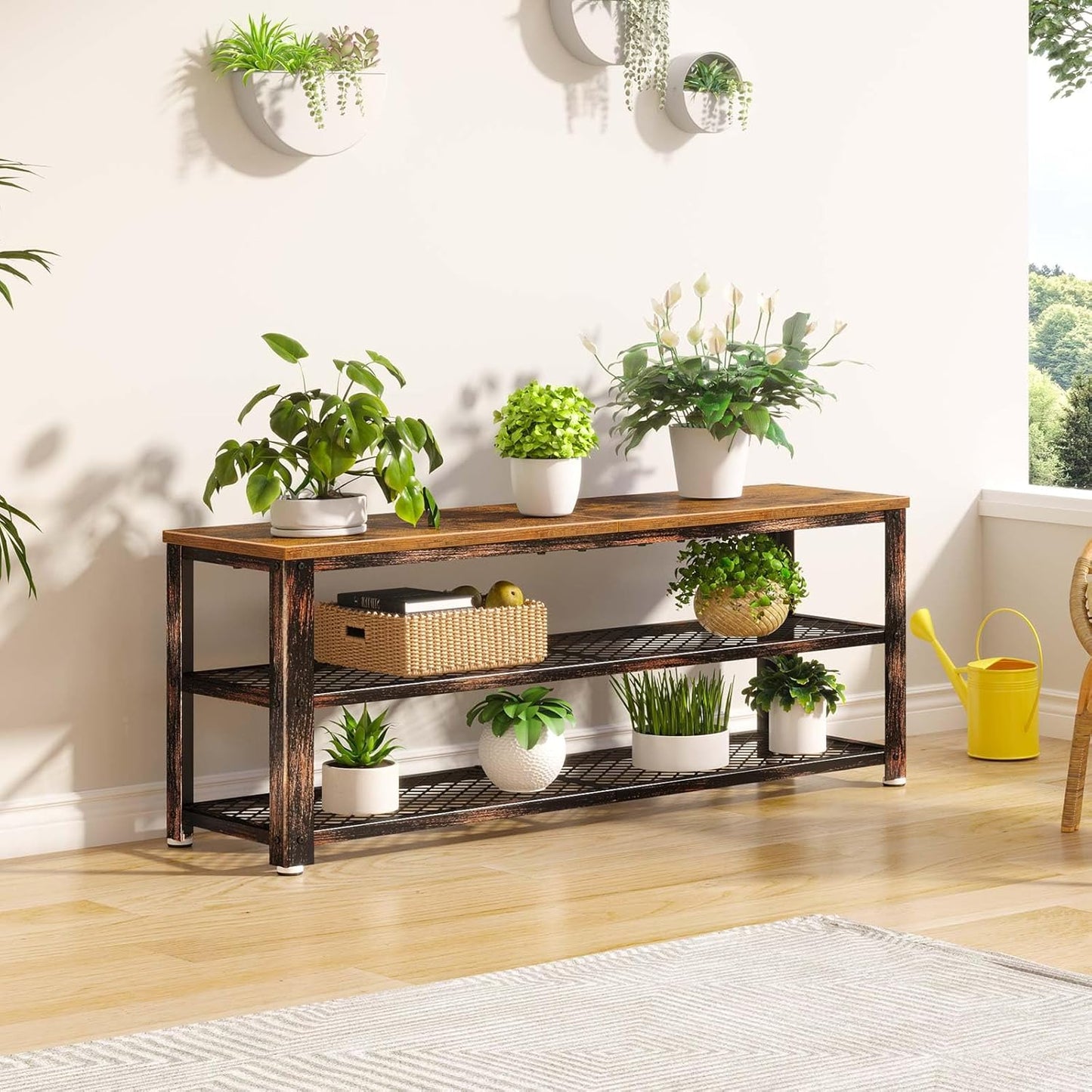 3-Tier Shoe Bench with Wood Seat – Rustic Entryway Storage Rack, 39.4", Steel Frame.