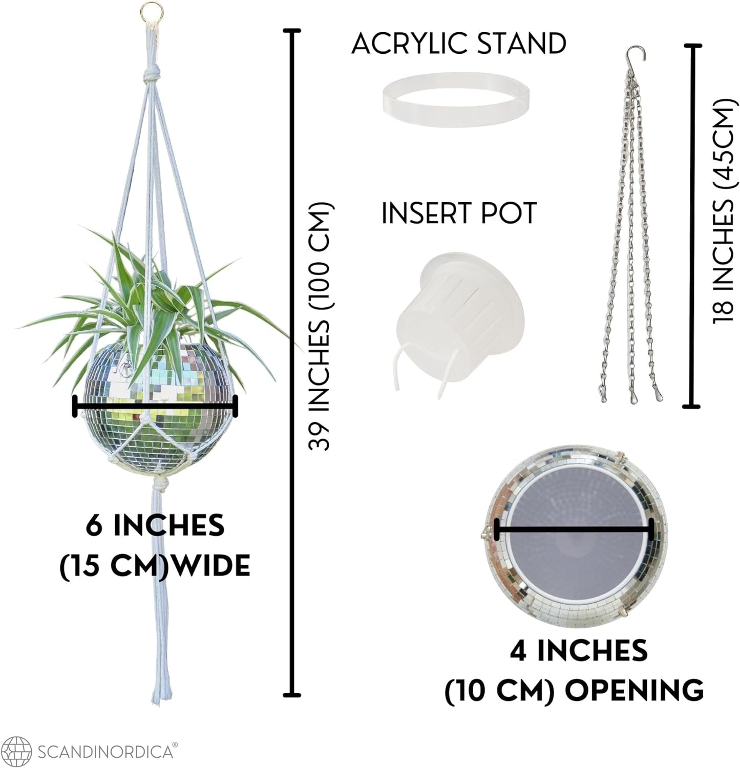 6" Silver Disco Ball Planter – Includes Chain, Macrame Hanger, Stand & Self-Watering Insert