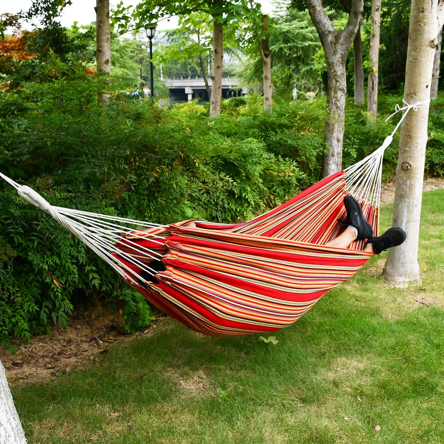 2-Person Brazilian-Style Cotton Double Hammock Bed W/ Portable Carrying Bag, Red Stripe