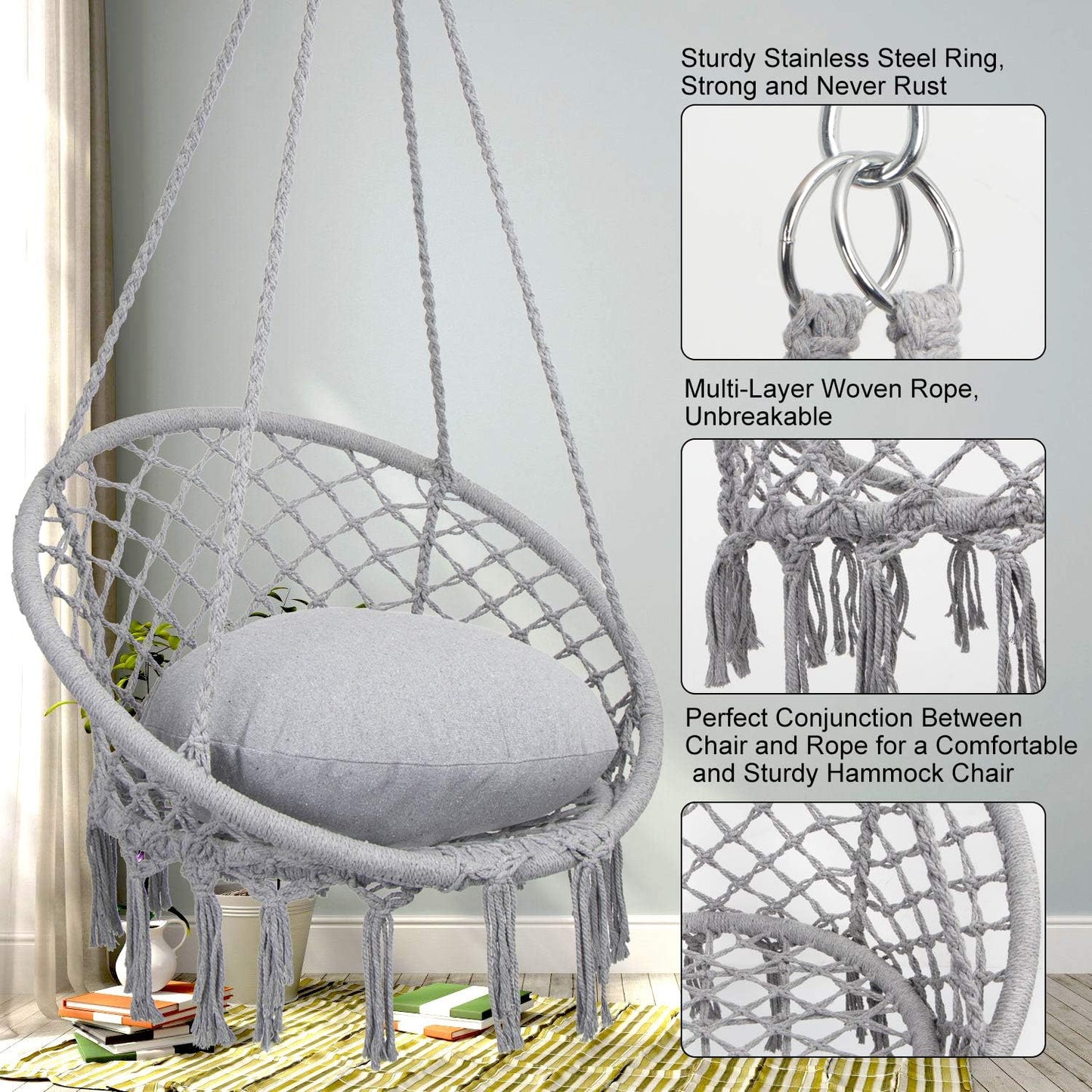 Macrame Hammock Chair Swing – Cotton Rope, 330 lbs Capacity, Indoor/Outdoor (Light Grey)