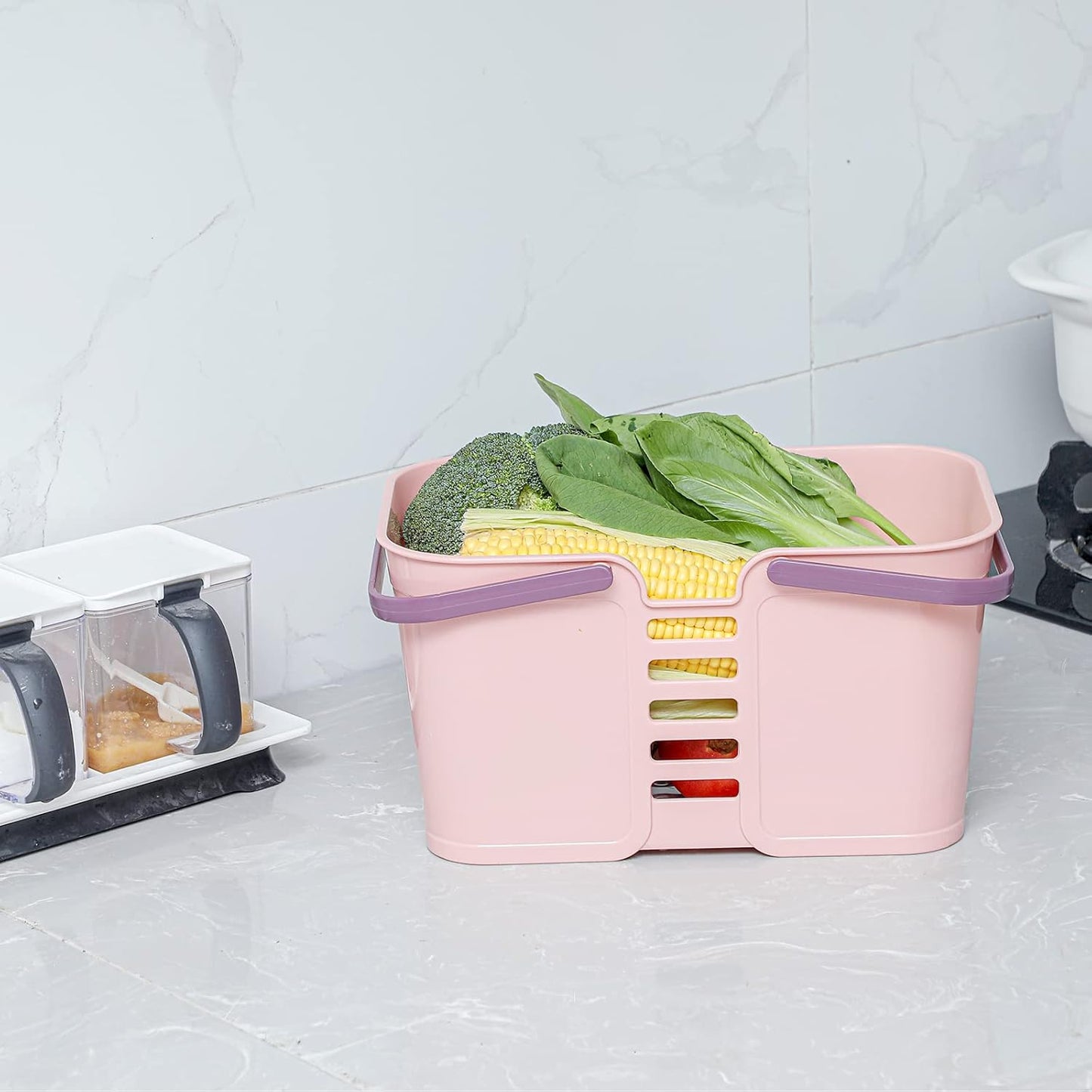 Plastic Storage Baskets with Handles, Storage Bin Shower Caddy Organizer for Bathroom and Kitchen, Pink