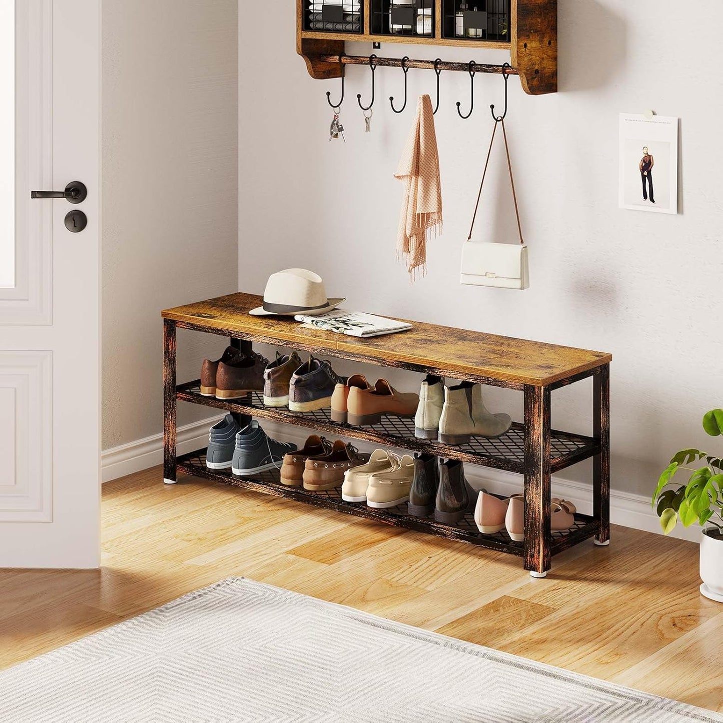 3-Tier Shoe Bench with Wood Seat – Rustic Entryway Storage Rack, 39.4", Steel Frame.